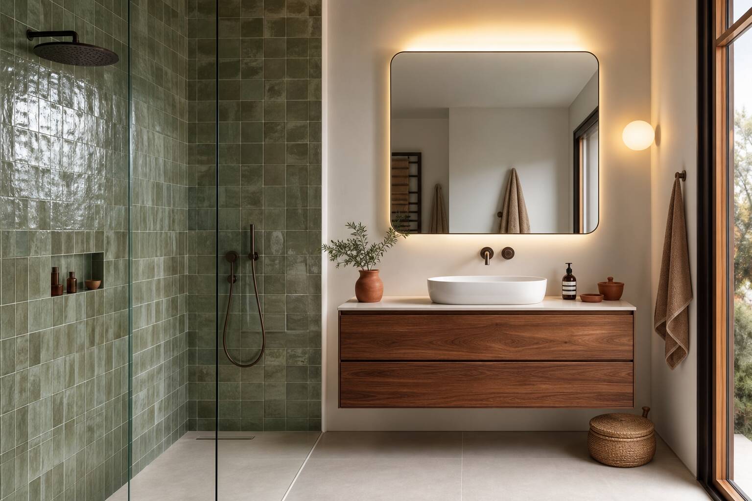 Zellige vert sauge salle de bains carrelage sol lin meuble noyer accessoires terracotta design