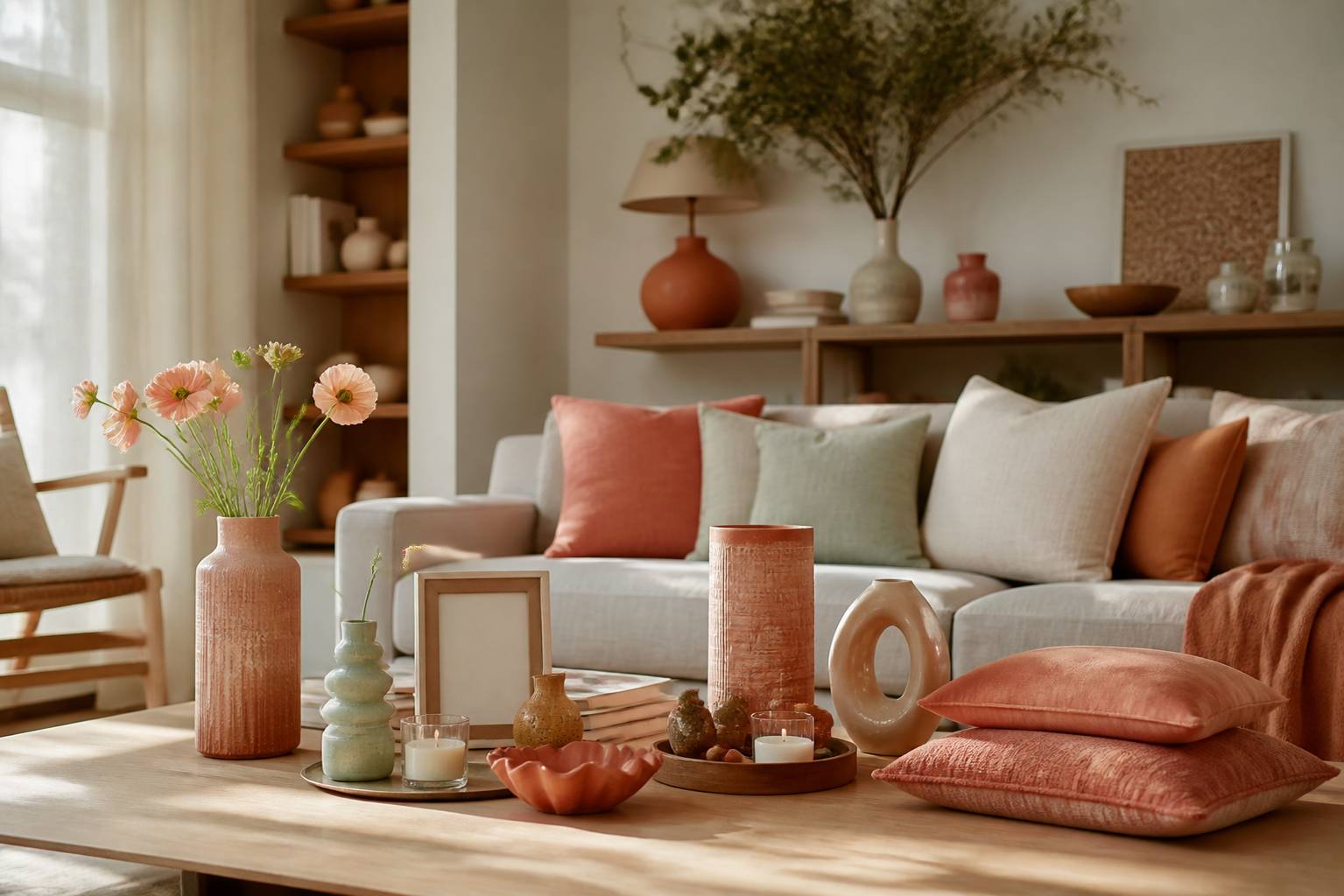 Accessoires déco rose orangé et corail : vases en céramique, coussins en lin et bougies