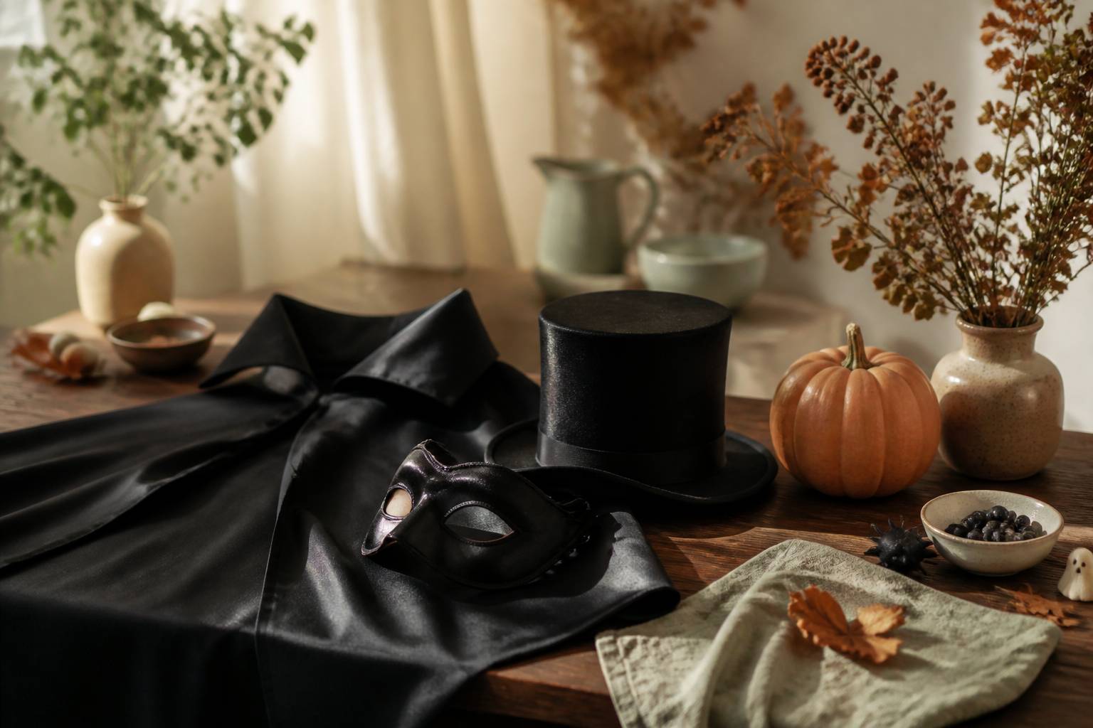 Composition de masques, chapeaux et accessoires de déguisement d'Halloween sur fond sombre