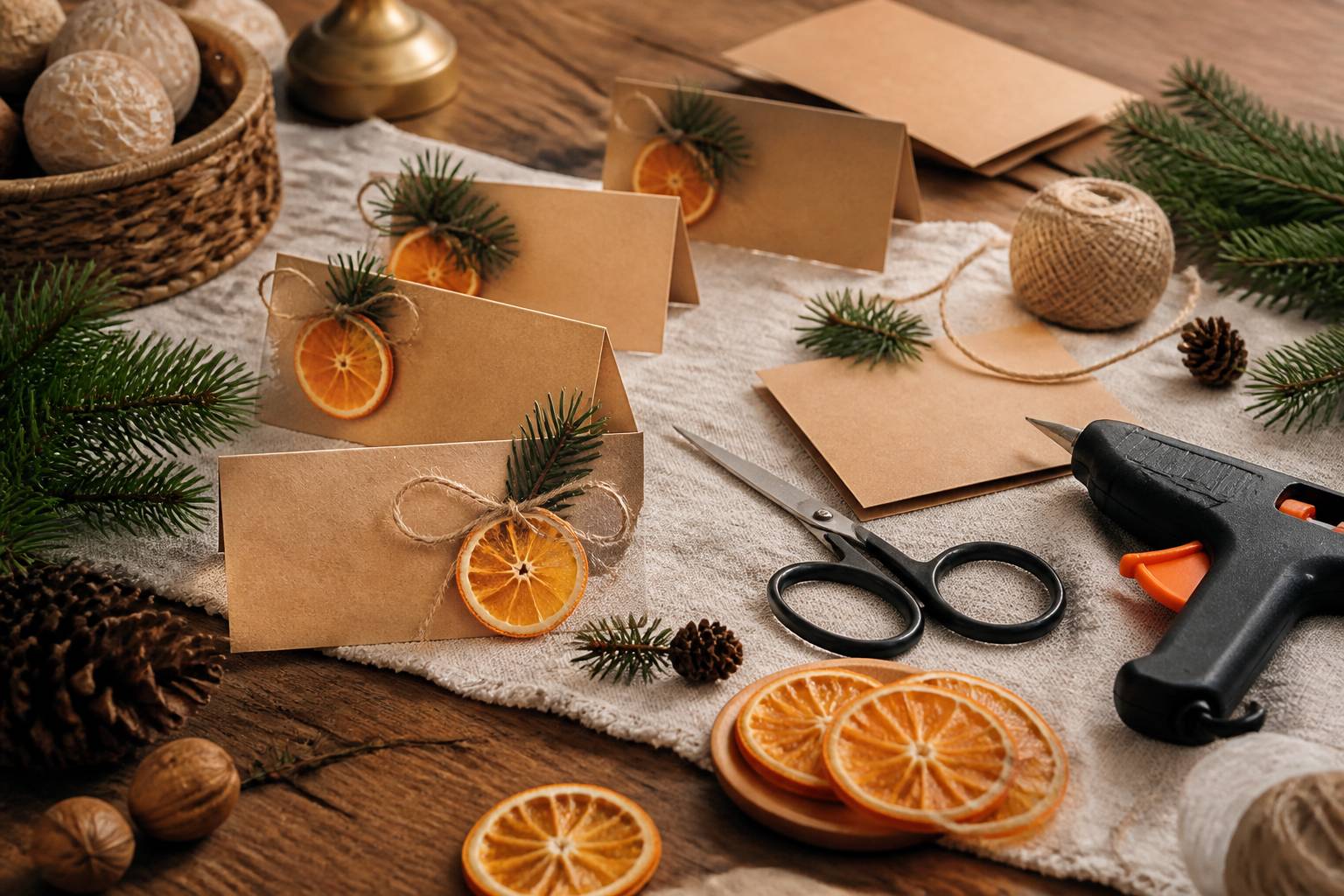 Cartons de marque-places décorés de ficelle et d'orange séchée