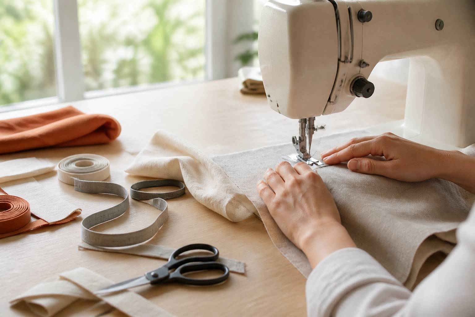 Mains guidant un tissu sous une machine à coudre