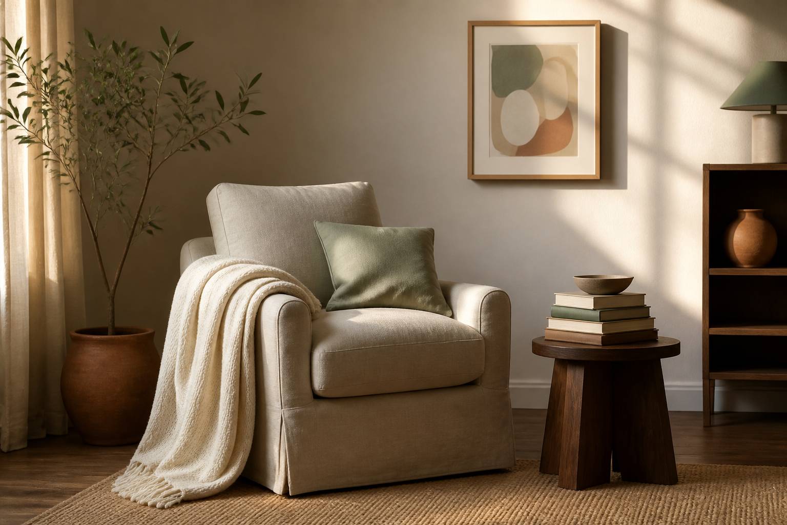 Coin lecture cosy aux murs beige avec fauteuil en lin et table en noyer