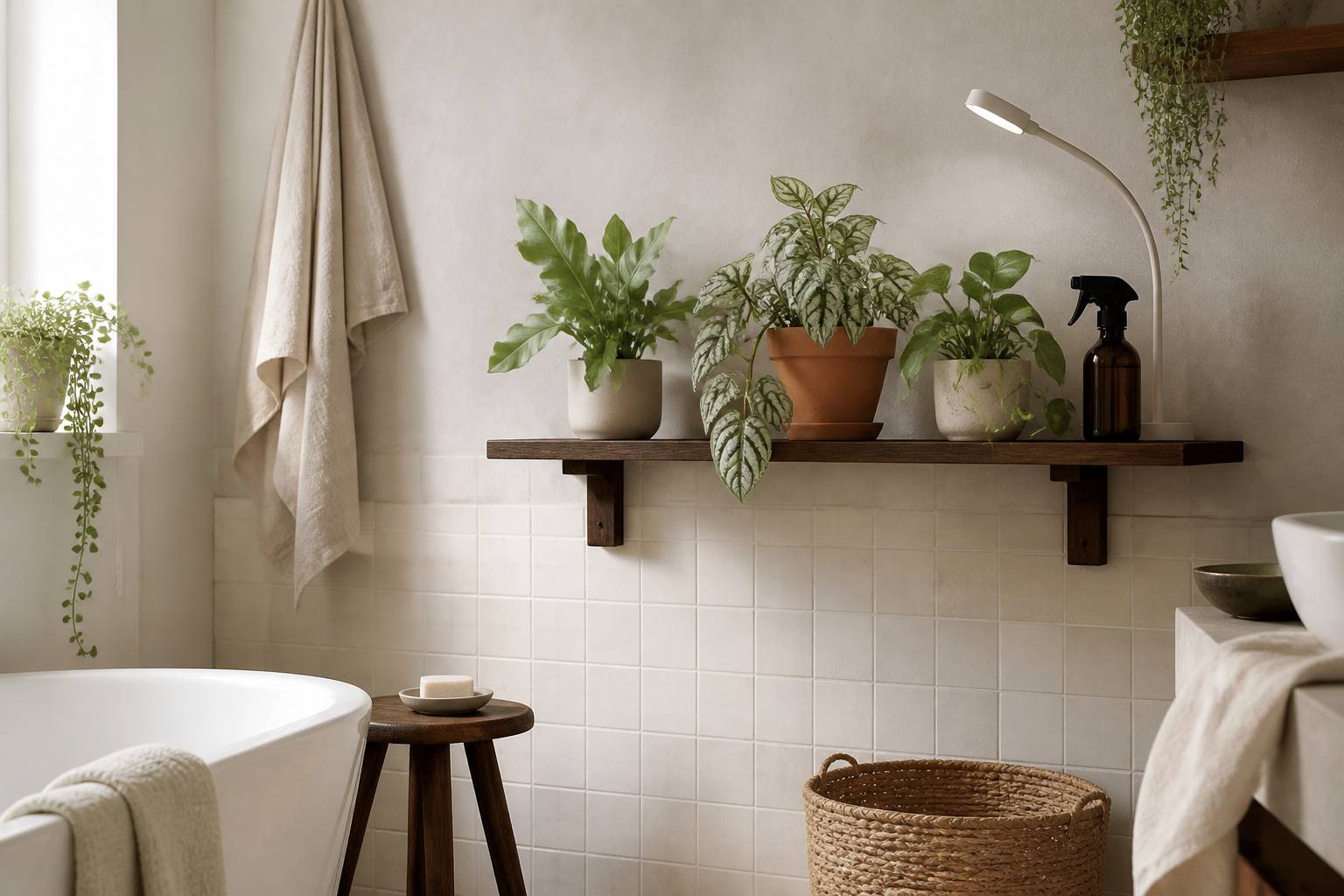 Étagère de plantes d'intérieur avec lampe LED horticole et vaporisateur