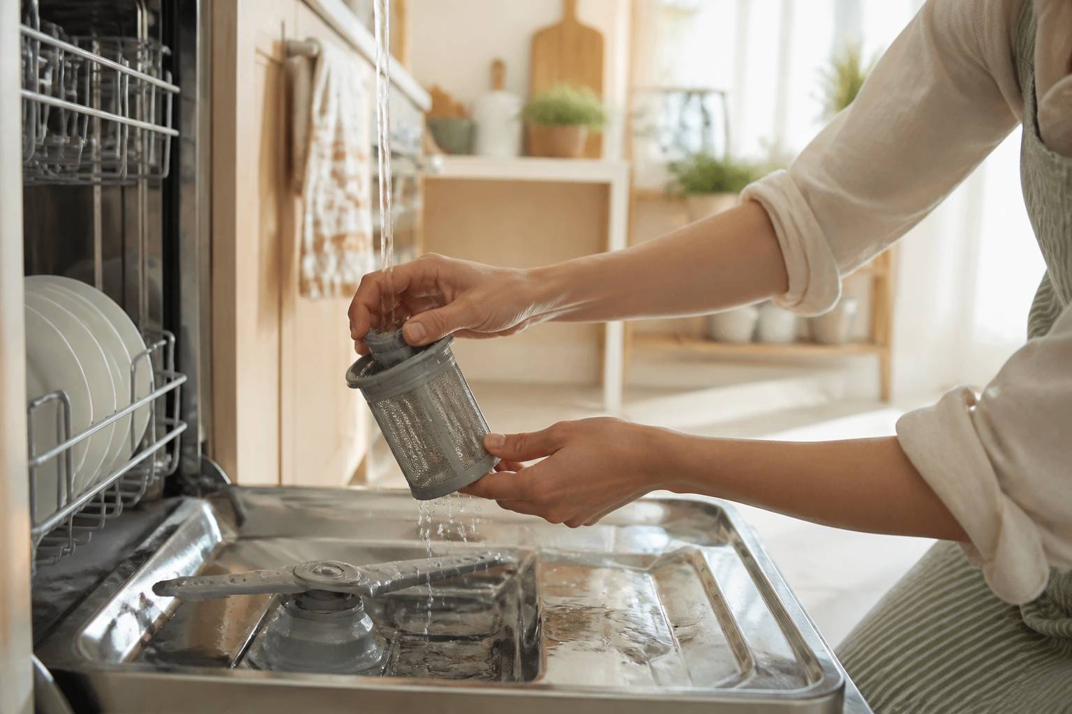 Mains nettoyant le filtre d'un lave-vaisselle sous l'eau courante