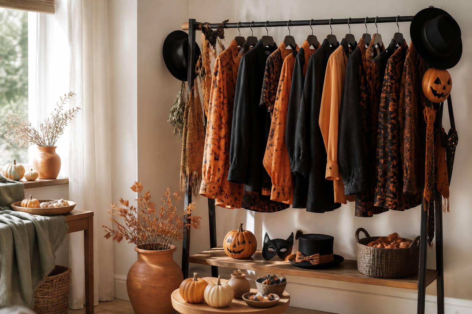 Cintre de costumes d'Halloween pour hommes avec masques et accessoires orange et noir