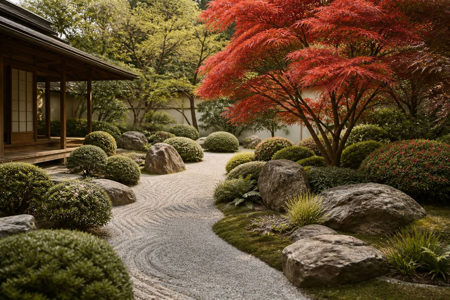 Jardin japonais harmonieux avec érable rouge, azalées et gravier ratissé