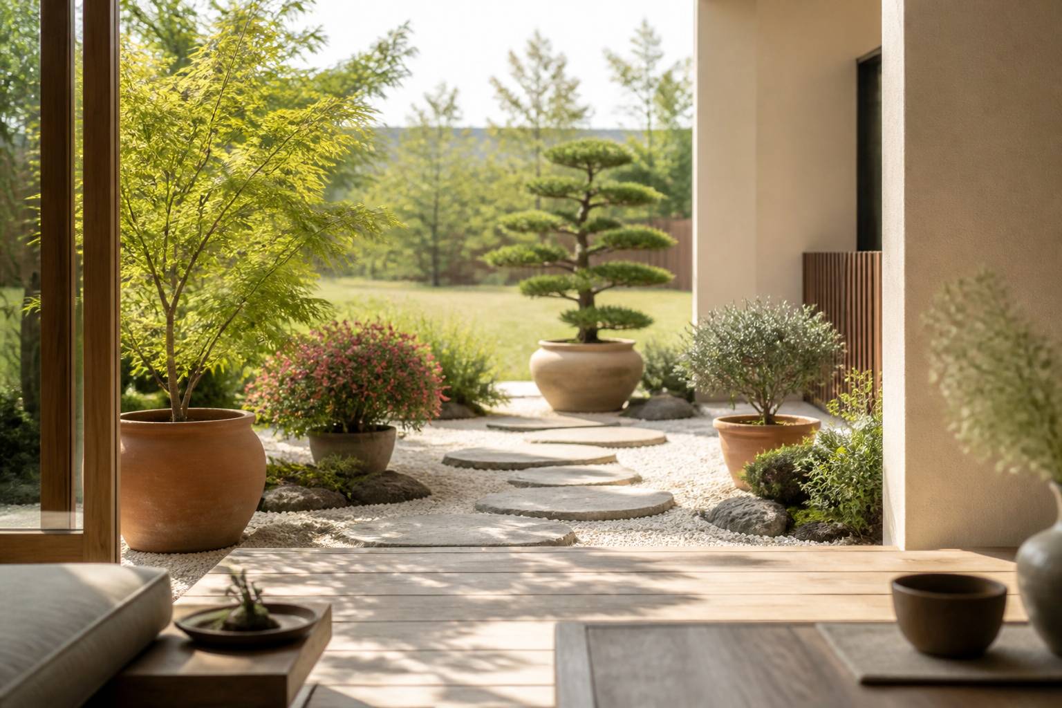 Petit jardin japonais en terrasse avec arbustes en pot et pierres plates