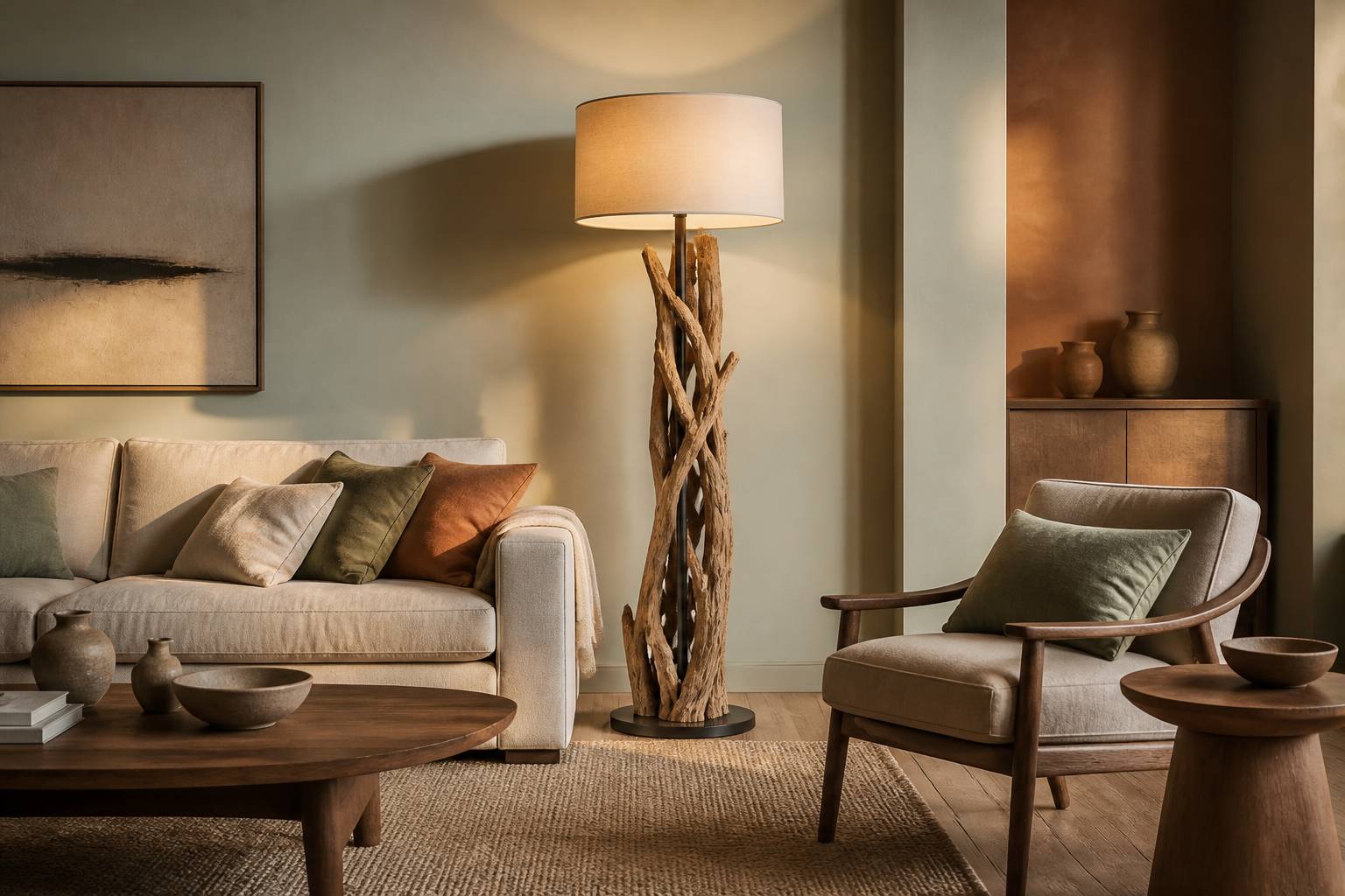 Lampadaire en bois flotté avec abat-jour en lin dans un salon