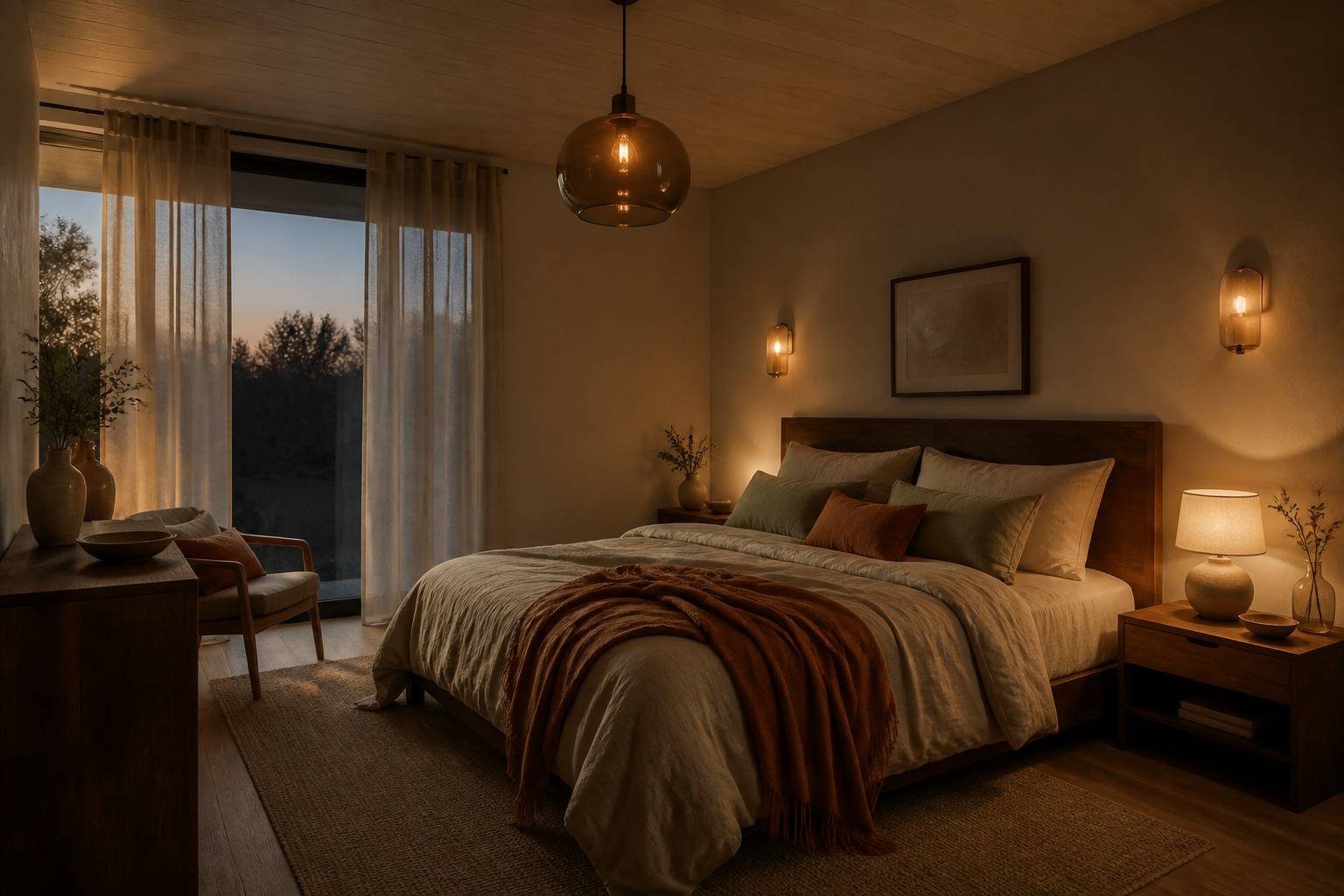 Chambre apaisante avec suspension en verre teinté allumée