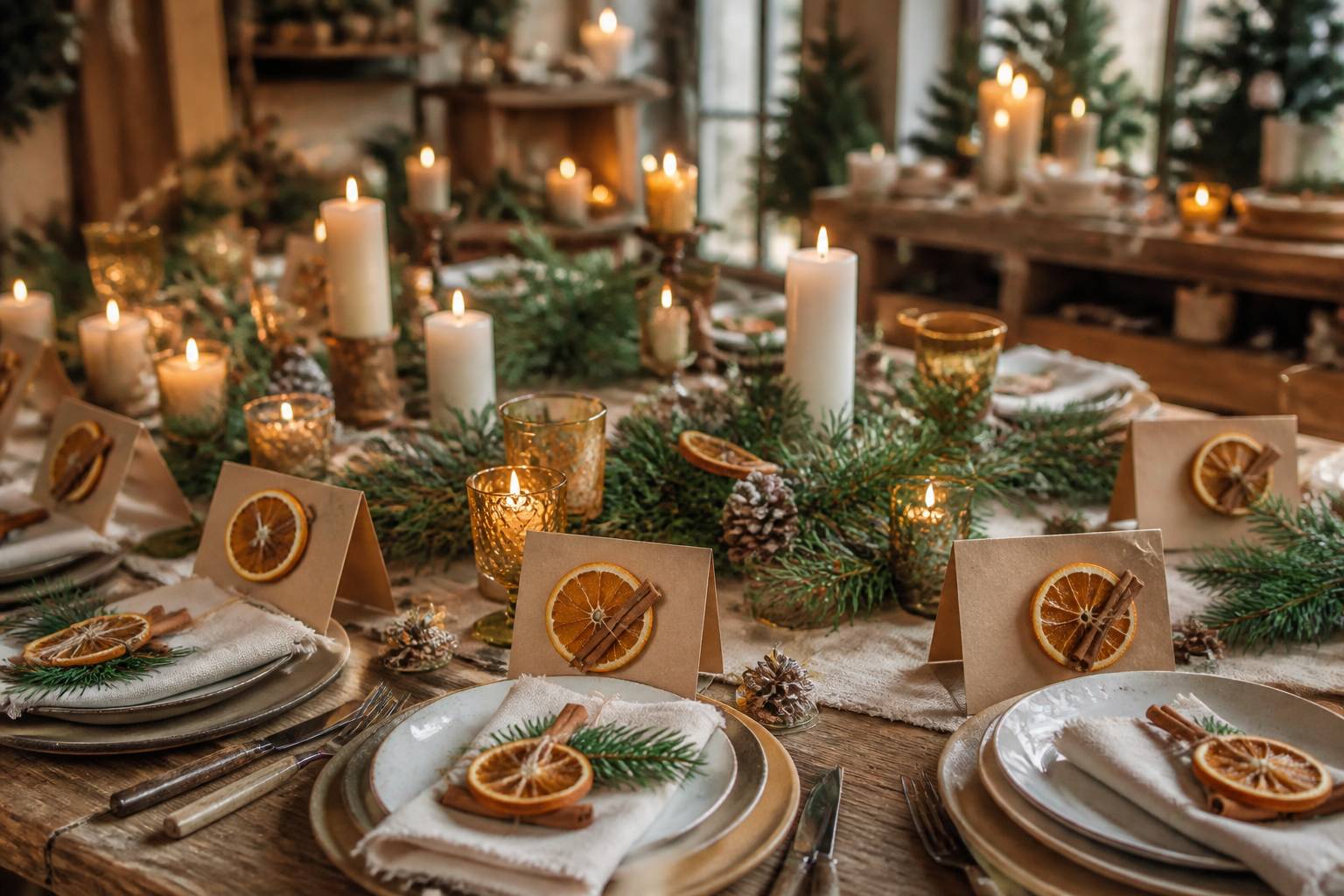 Marque-places de Noël faits main avec oranges séchées et ficelle