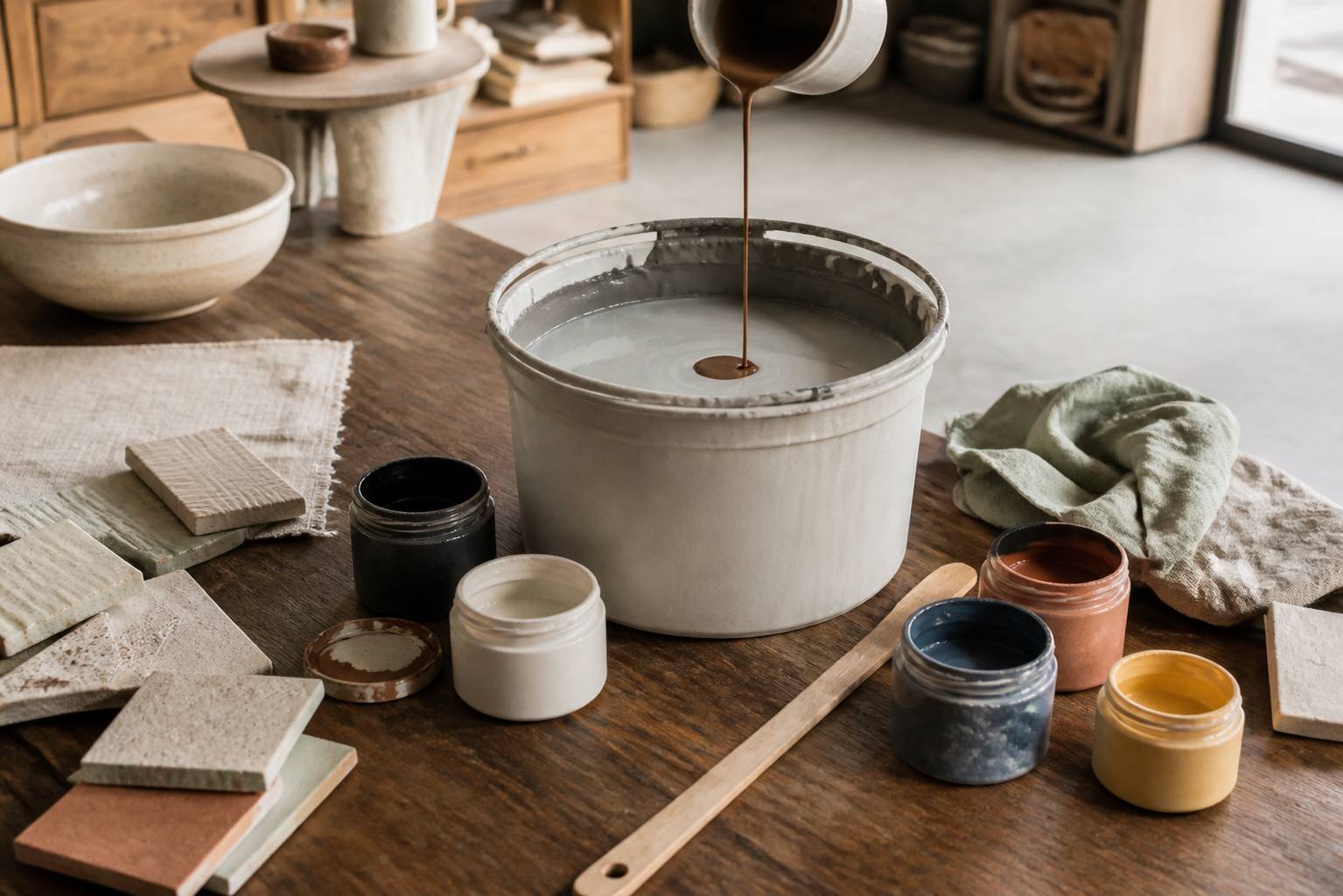 Mélange de peinture dans un seau avec des pots de pigments