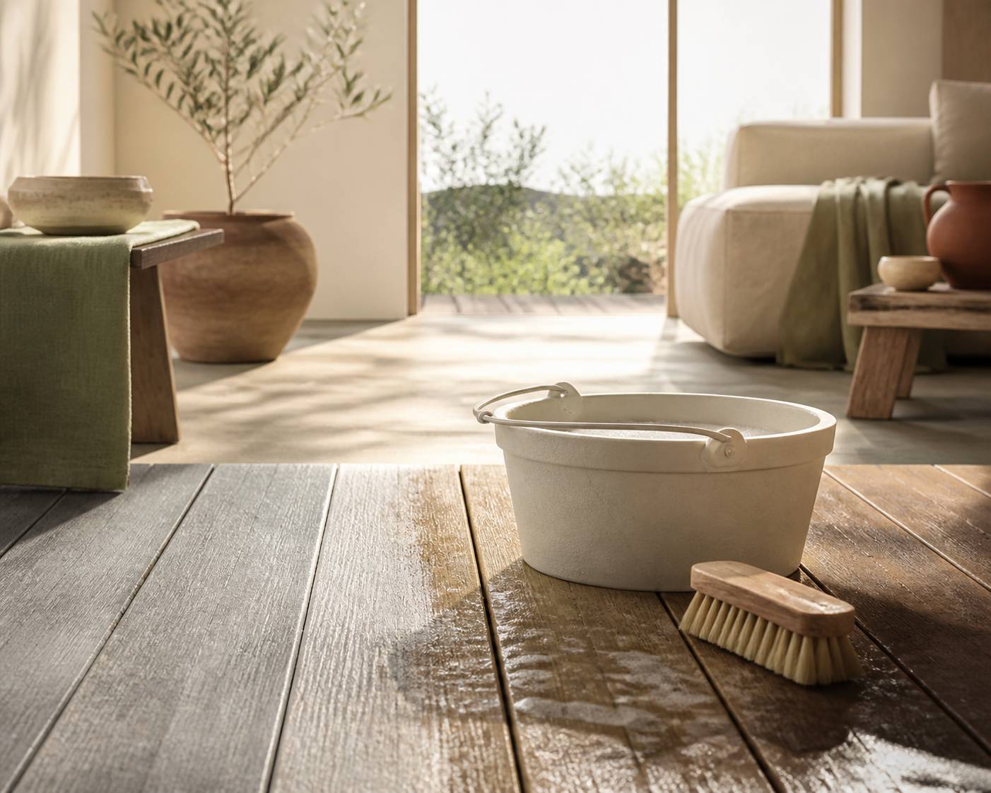 Brosse souple nettoyant une lame de terrasse en bois avec de l'eau savonneuse