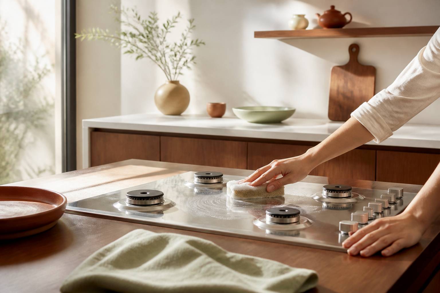 Mains frottant une plaque de cuisson en inox avec une éponge