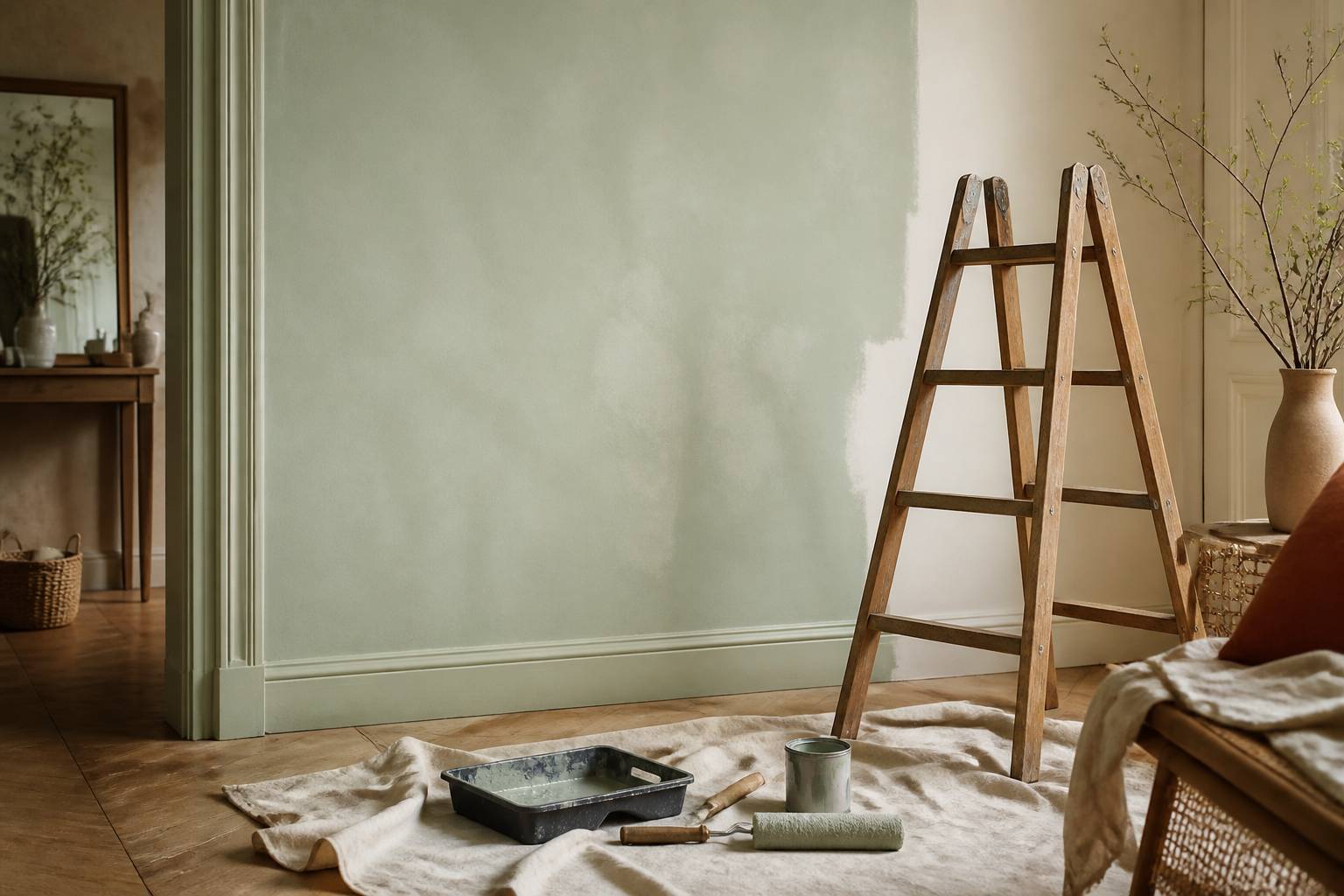 Mur de papier peint recouvert de peinture acrylique avec rouleau