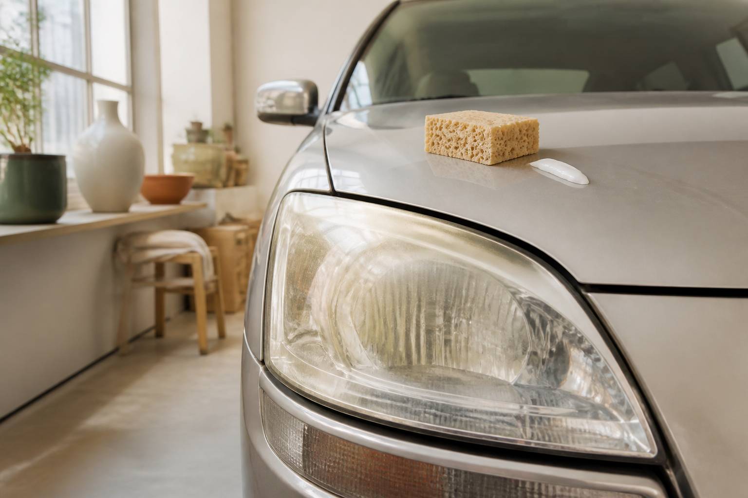 Phare de voiture en cours de nettoyage avec une éponge et du dentifrice