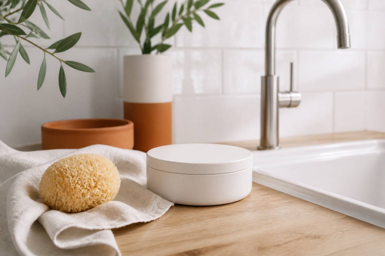 Boîte de pâte blanche avec éponge, robinet inox et chiffon en lin