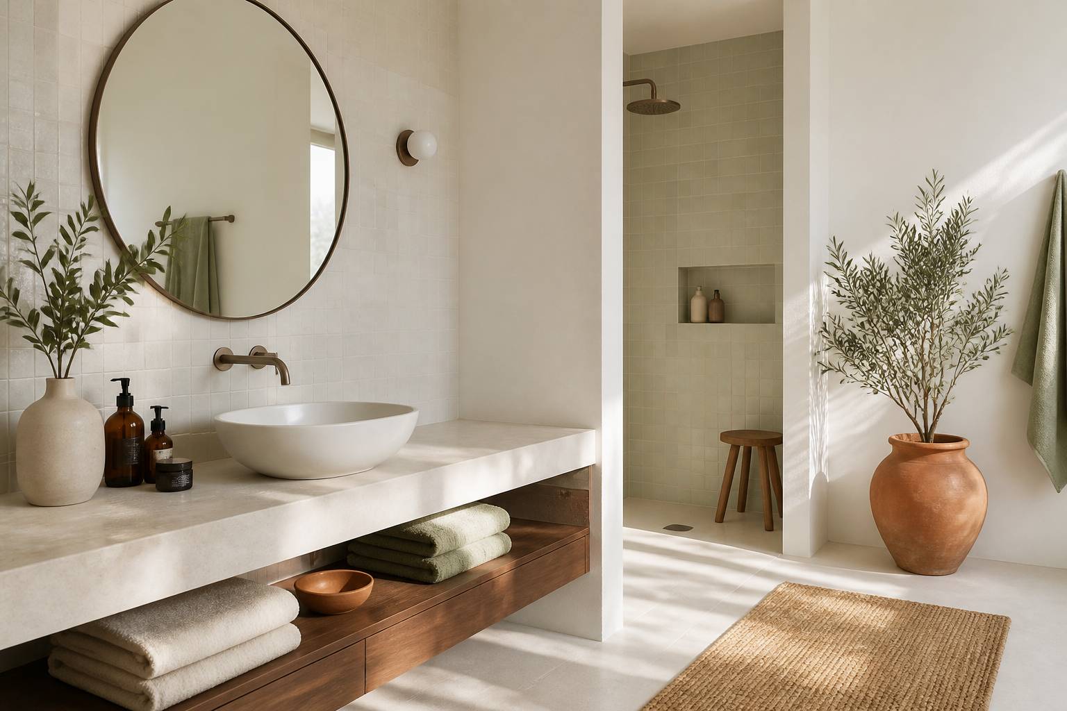 Plan de travail en pierre claire avec vasque posée, miroir rond et serviettes en lin dans une salle de bains lumineuse