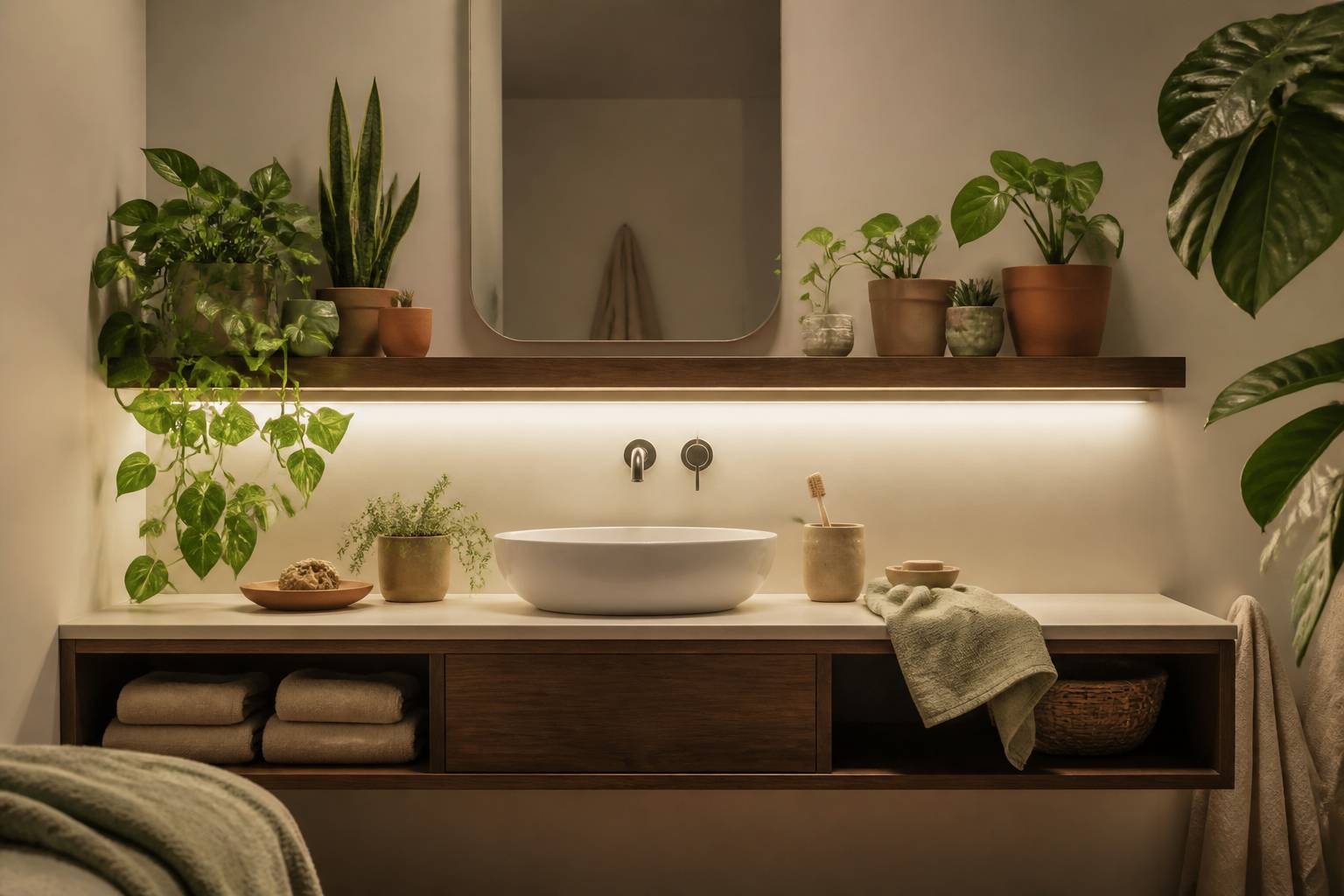 Salle de bain sans fenêtre avec plantes vertes sous une lampe horticole