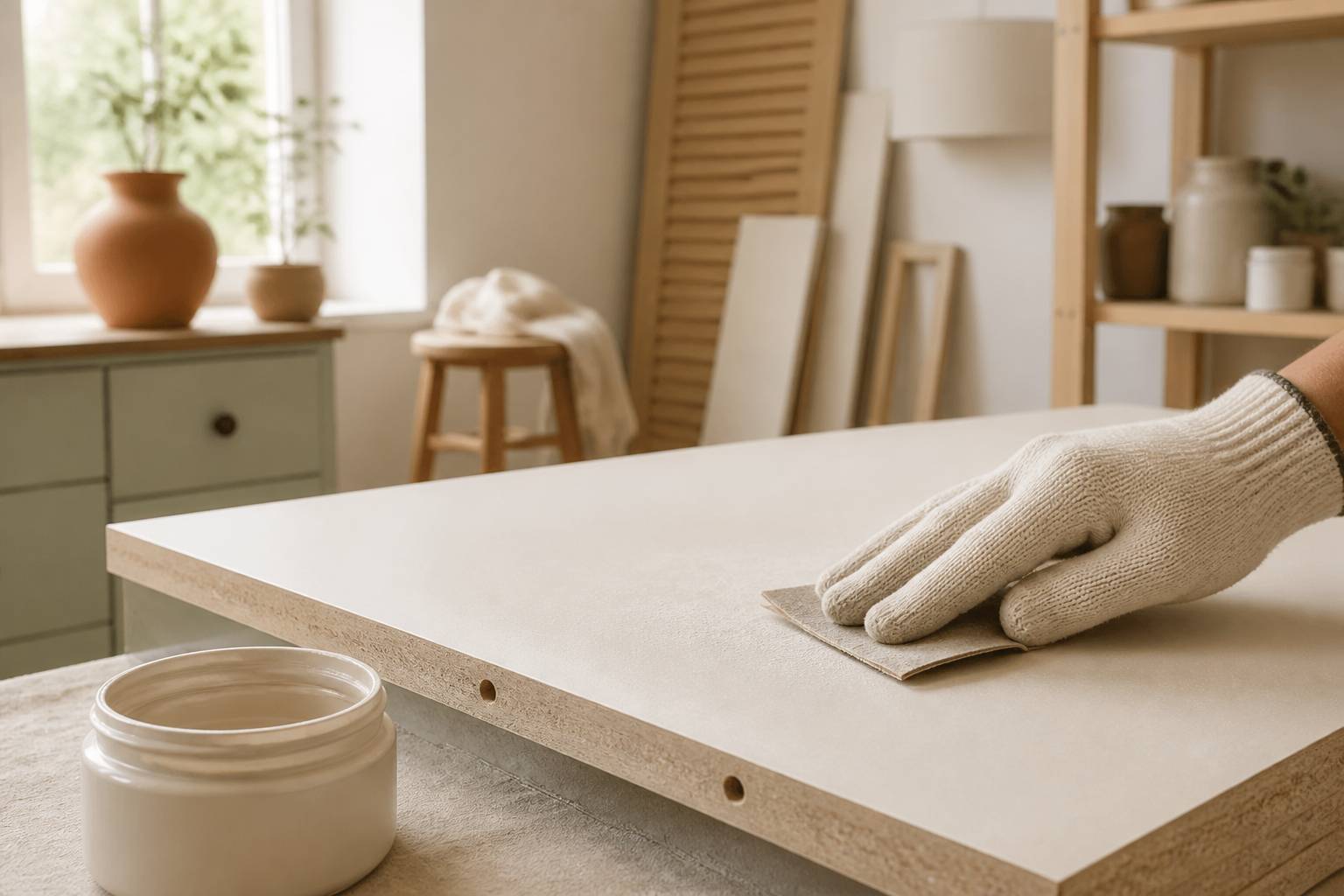 Main gantée ponçant un meuble avec papier de verre en atelier