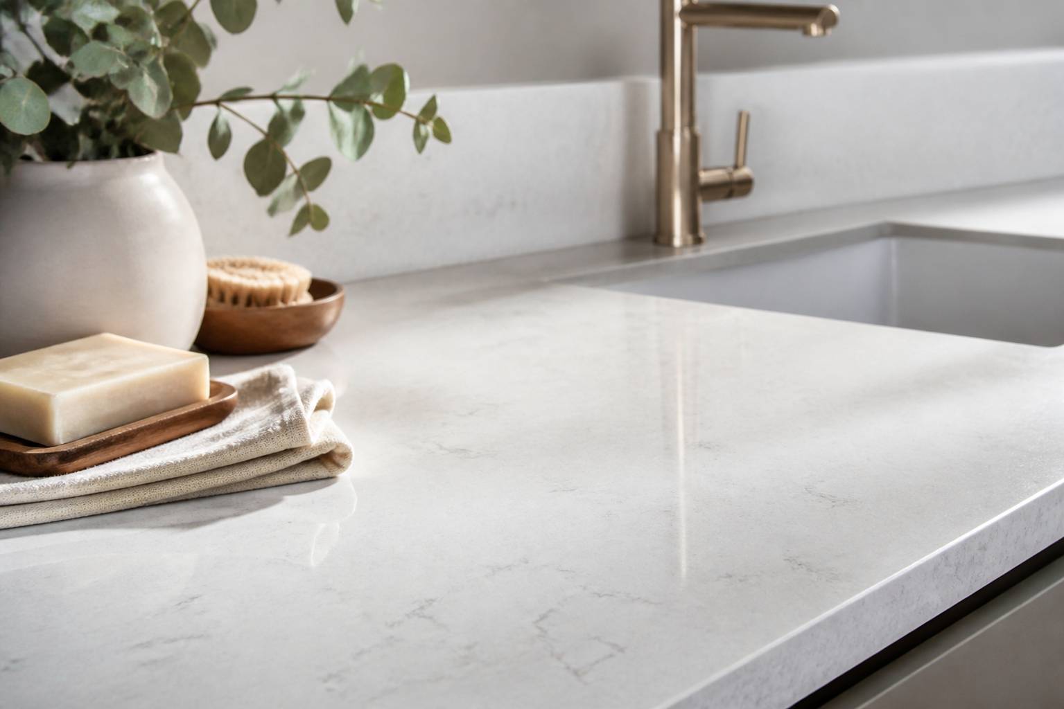 Surface en quartz clair avec veines subtiles, robinet en laiton brossé et serviette en lin repliée