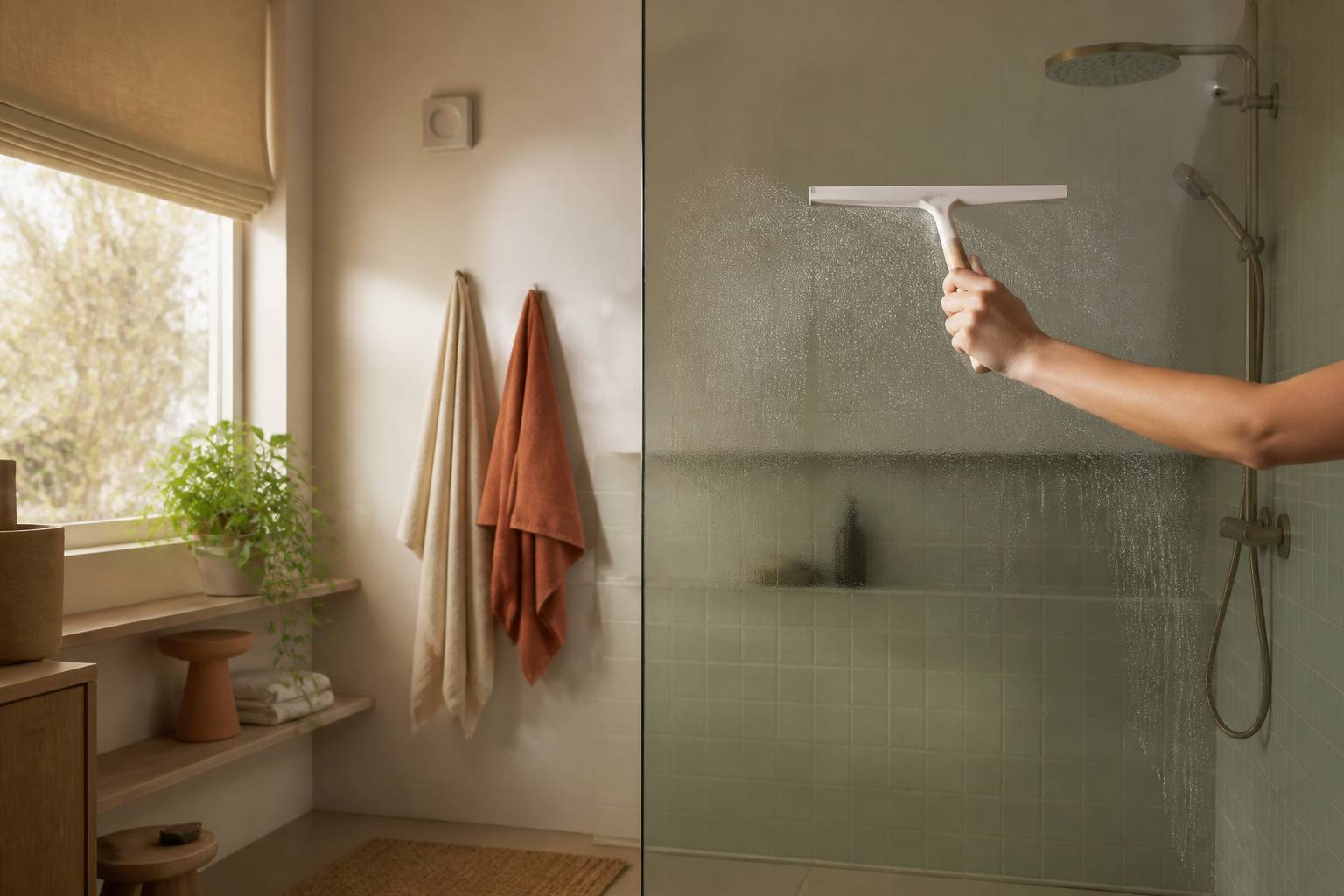 Main raclant la paroi en verre d'une douche avec une raclette