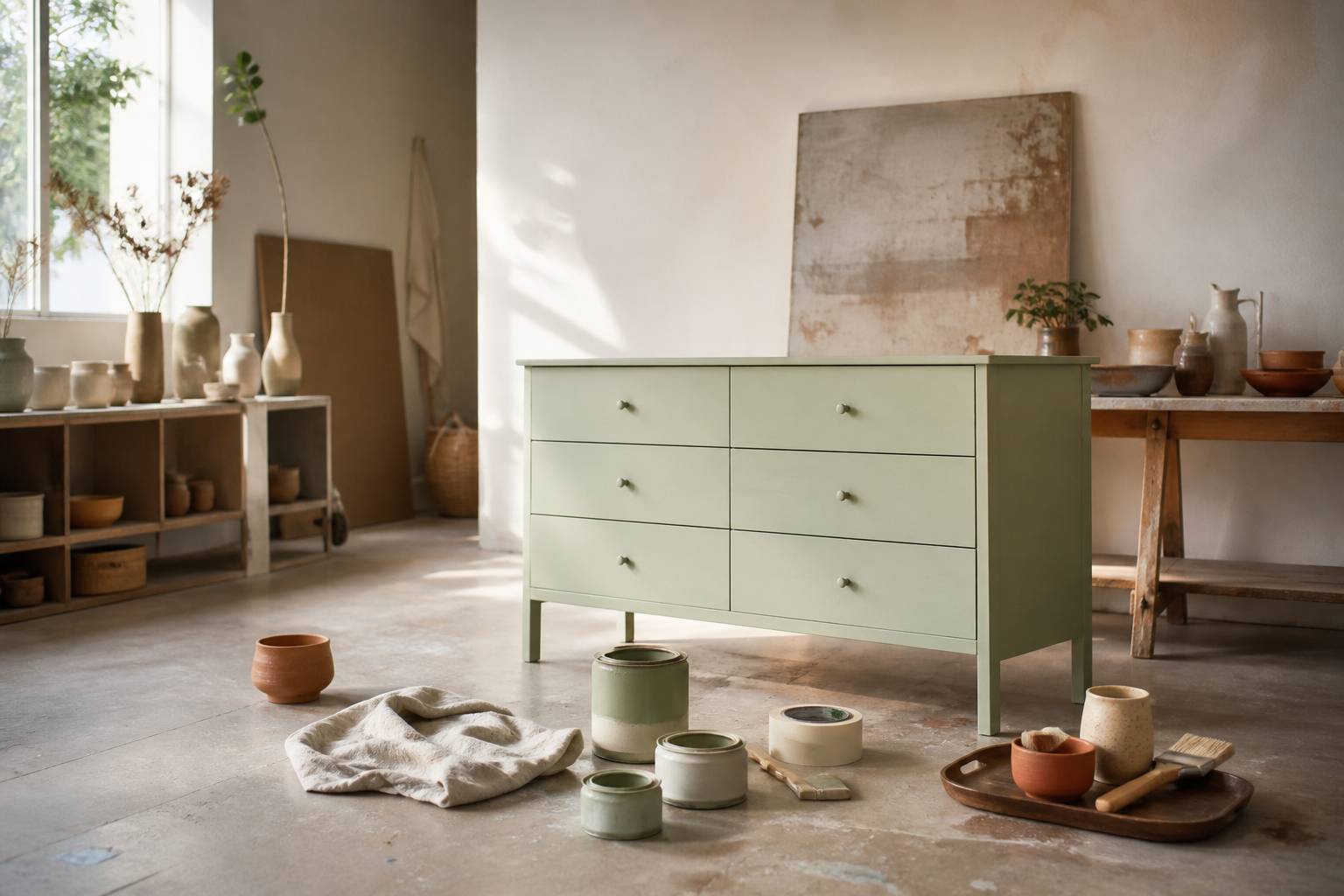 Commode repeinte en vert sauge avec pots de peinture en atelier