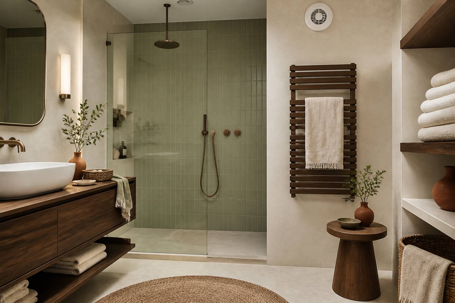 Salle de bains sans fenêtre avec bouche d'extraction et serviettes