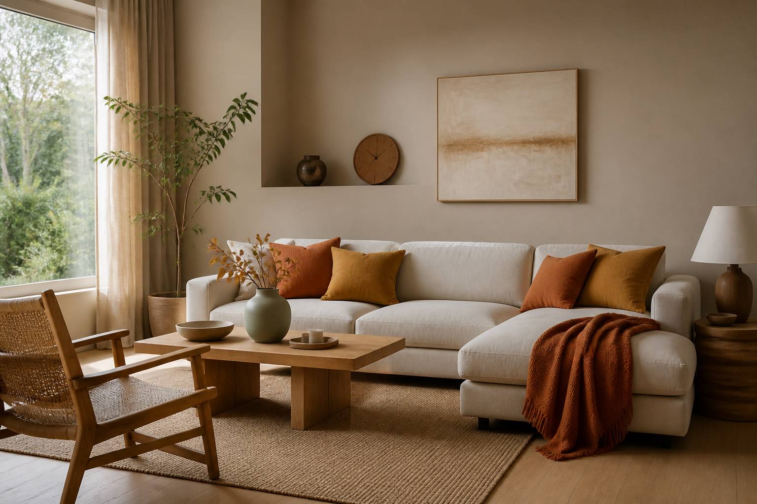 Salon aux murs beige grège avec canapé en lin crème et coussins terracotta