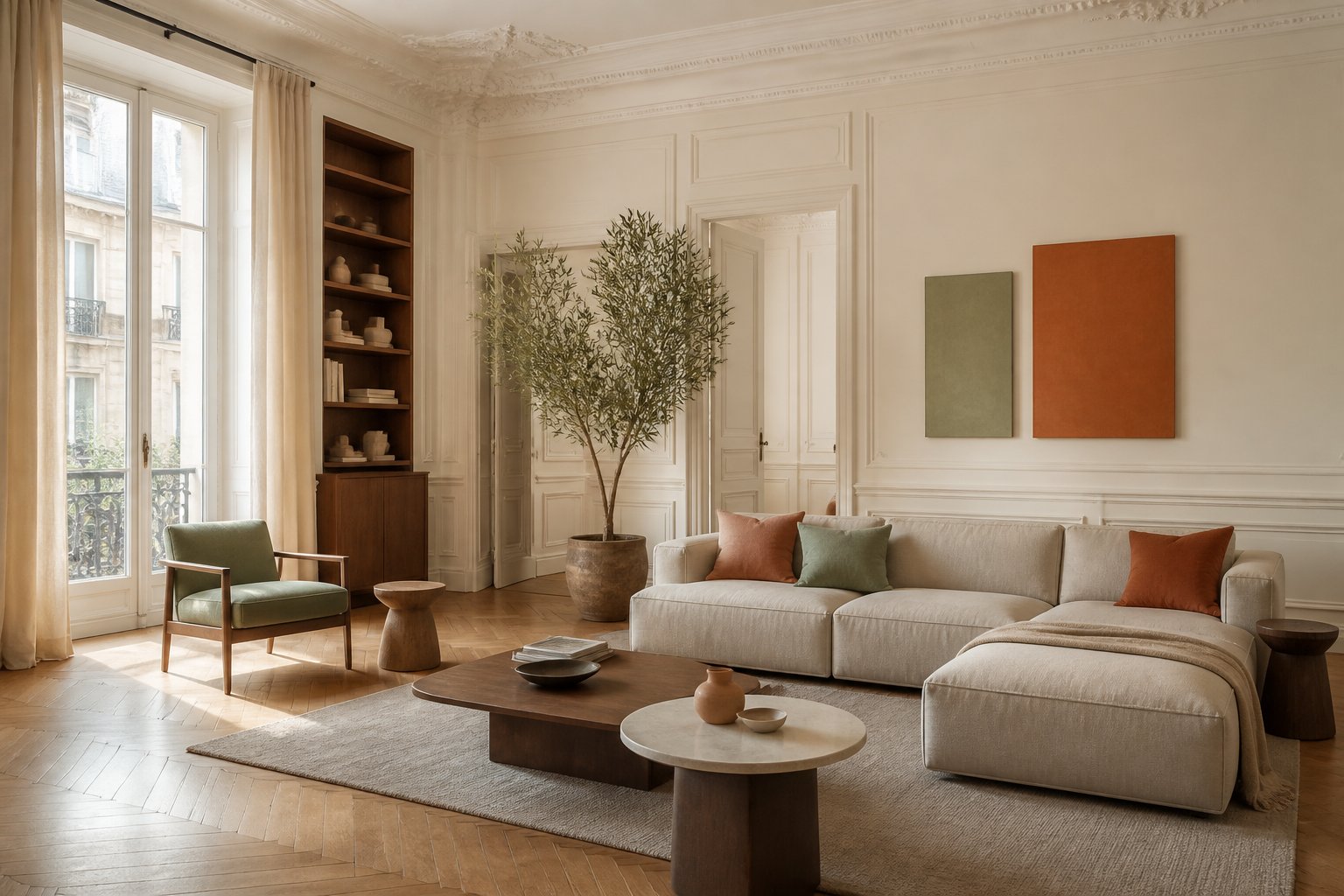 Salon haussmannien lumineux avec parquet en pointes de Hongrie et moulures