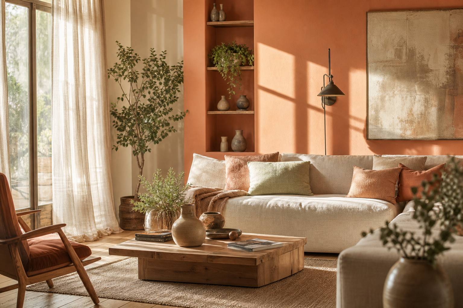 Salon chaleureux avec mur d'accent rose orangé, canapé en lin crème et coussins corail