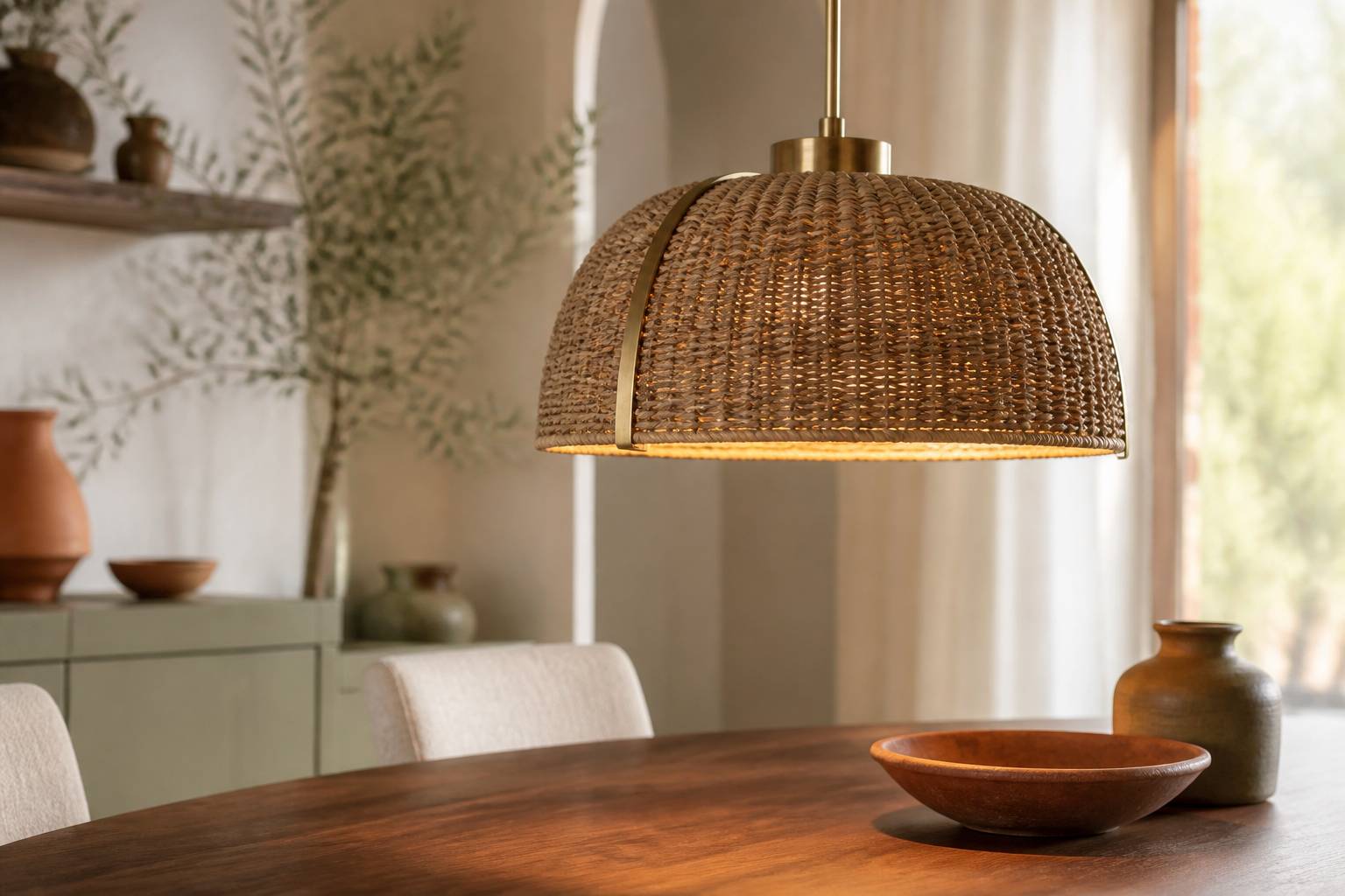 Suspension en fibres tressées et laiton diffusant une lumière chaude au-dessus d'une table