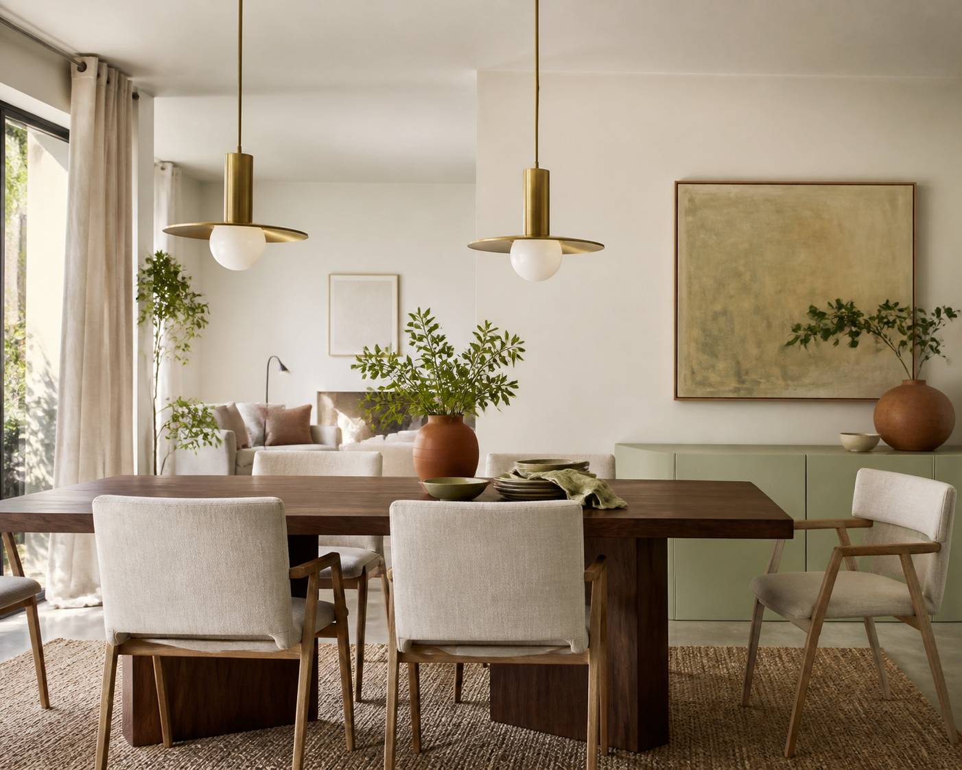 Suspensions design en laiton et verre opalin au-dessus d'une table à manger en bois