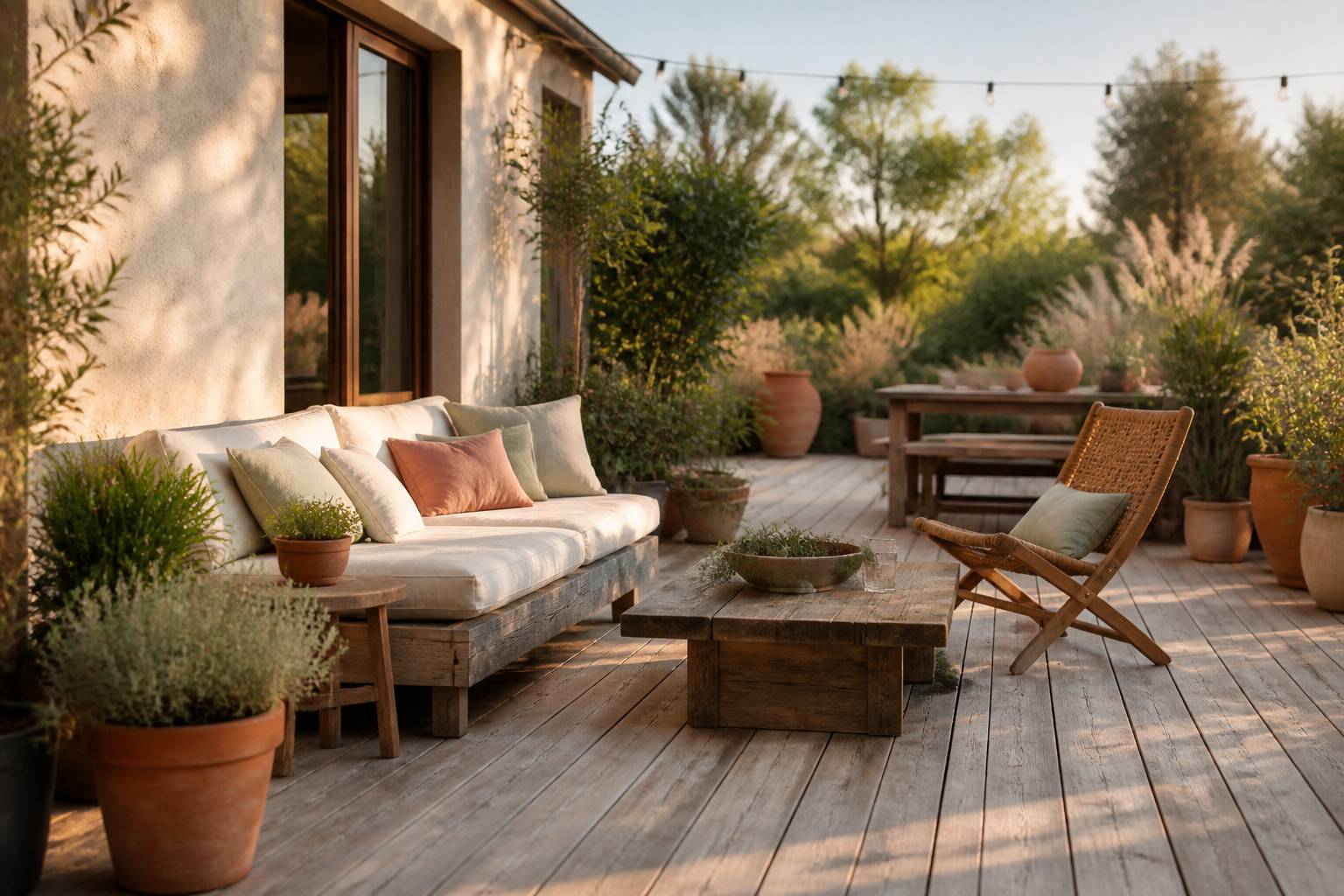 Terrasse en bois clair entretenue avec pots de plantes et coussins naturels