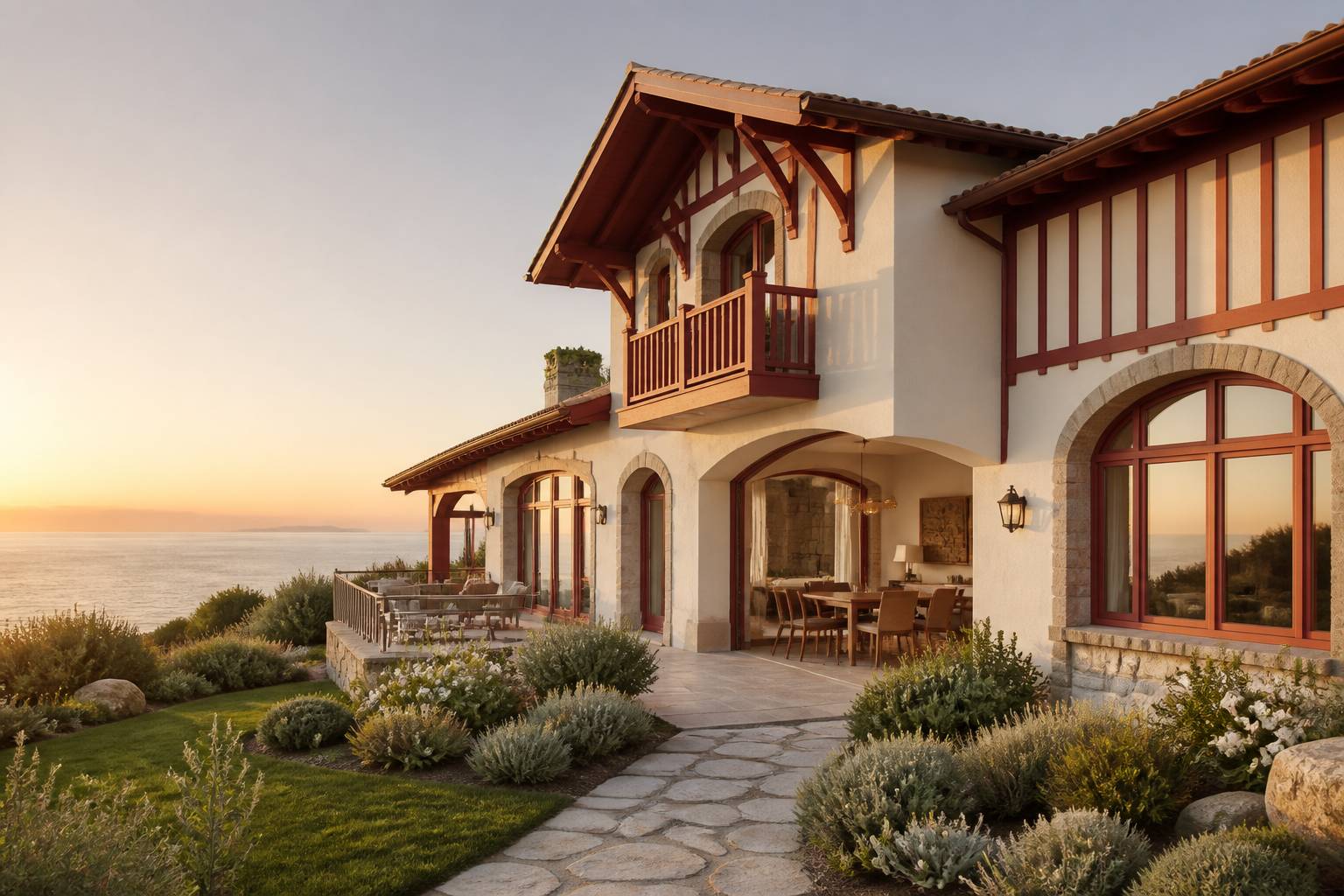 Villa néobasque aux colombages rouges avec jardin et vue sur l'océan