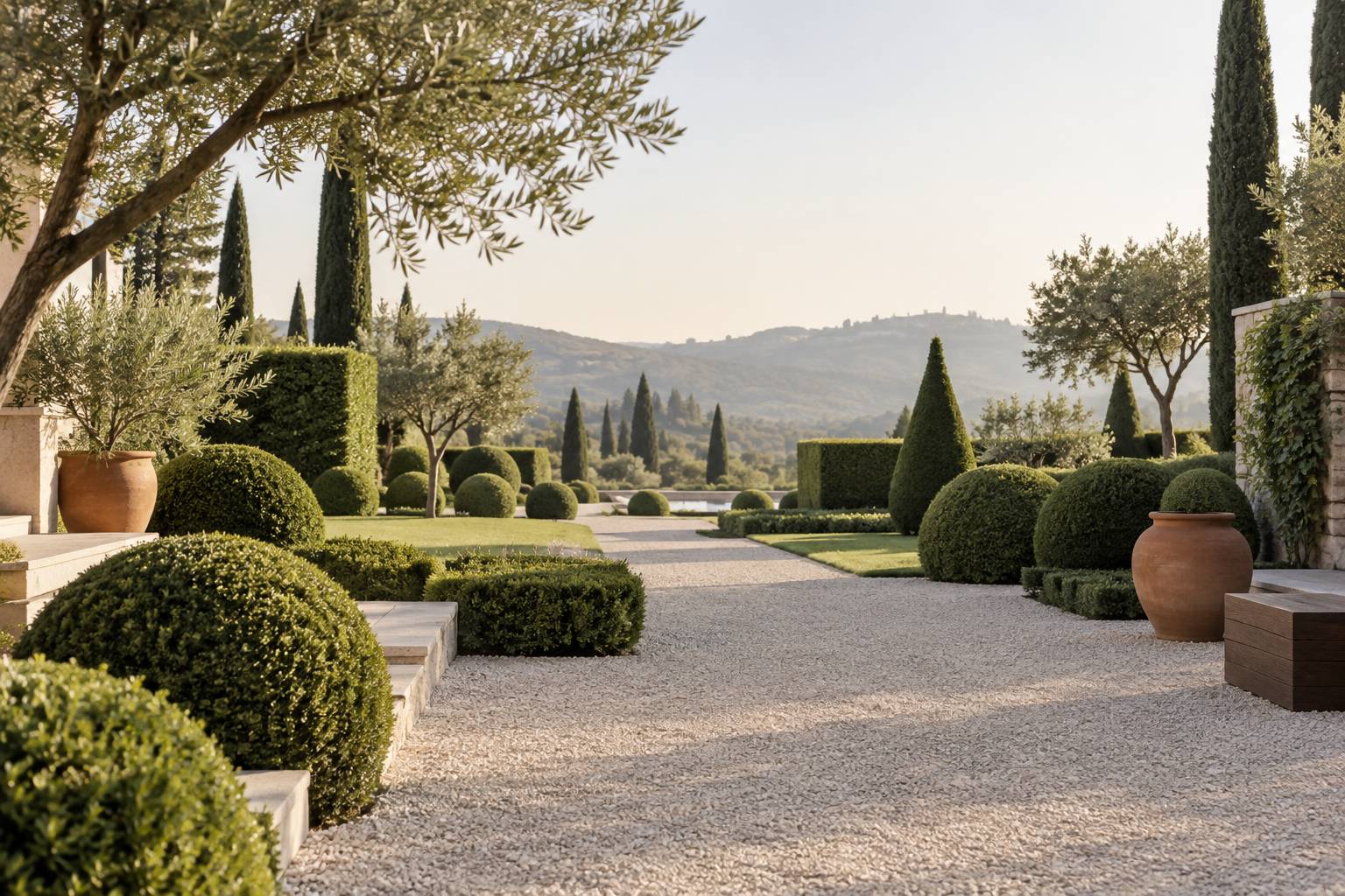 Jardin paysager avec arbustes tailles en formes geometriques