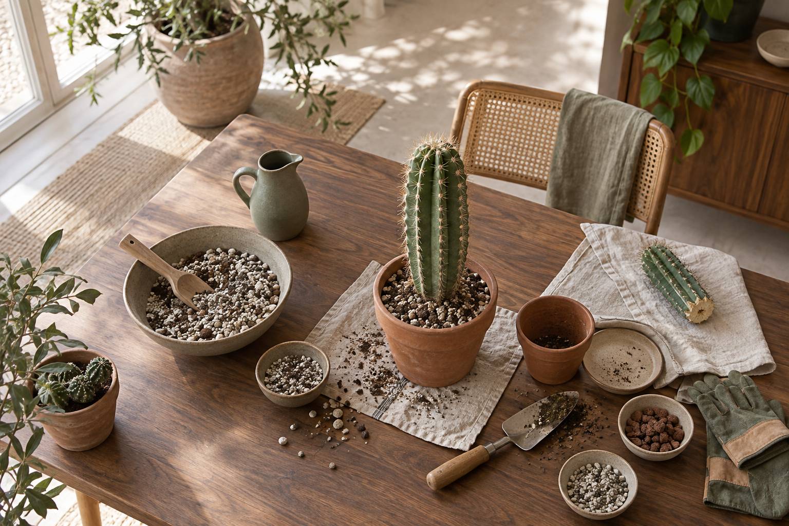 Rempotage d'un cactus avec substrat mineral et outils de jardin