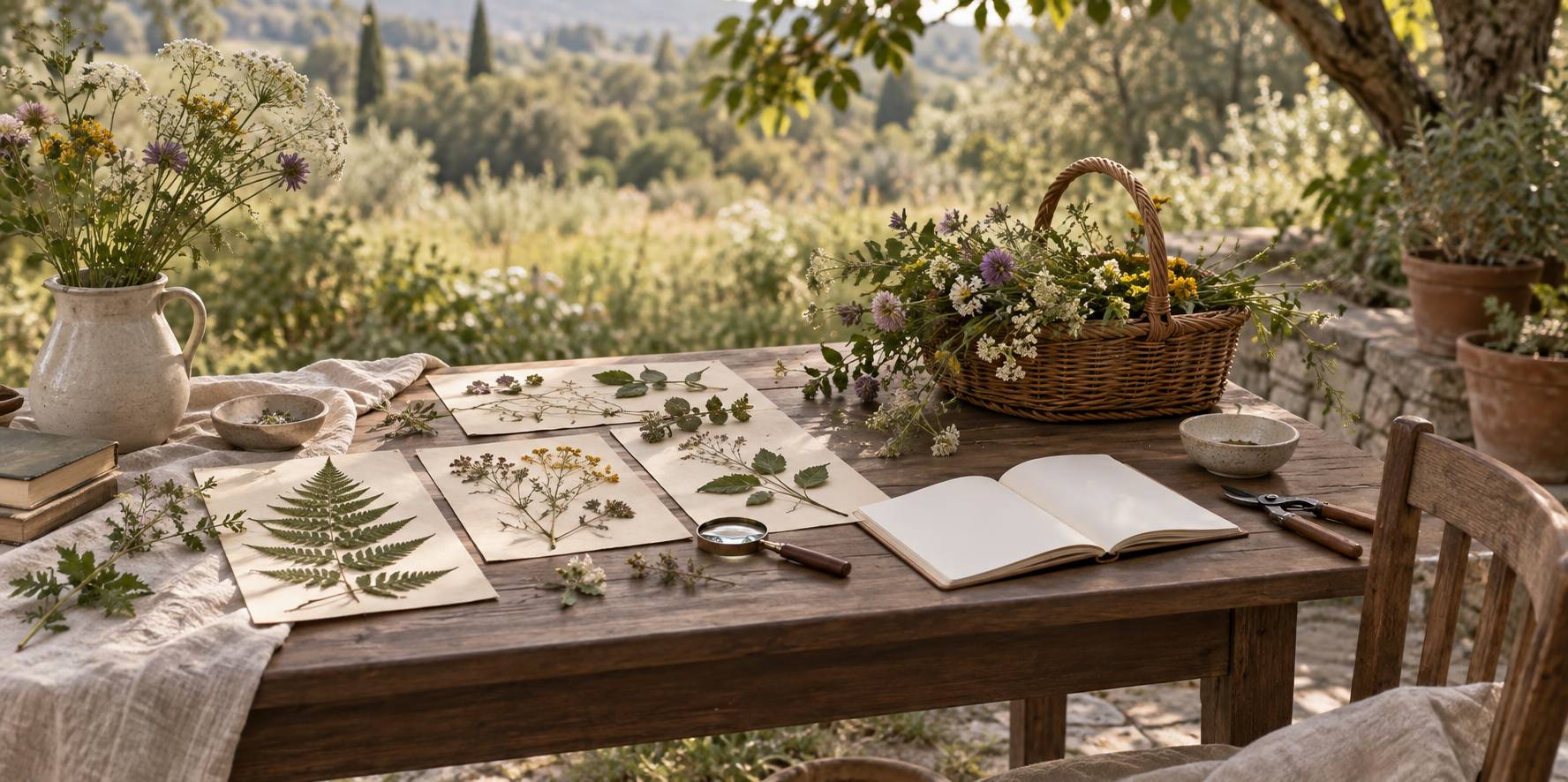 Table de botaniste avec herbier, loupe et panier de fleurs sauvages