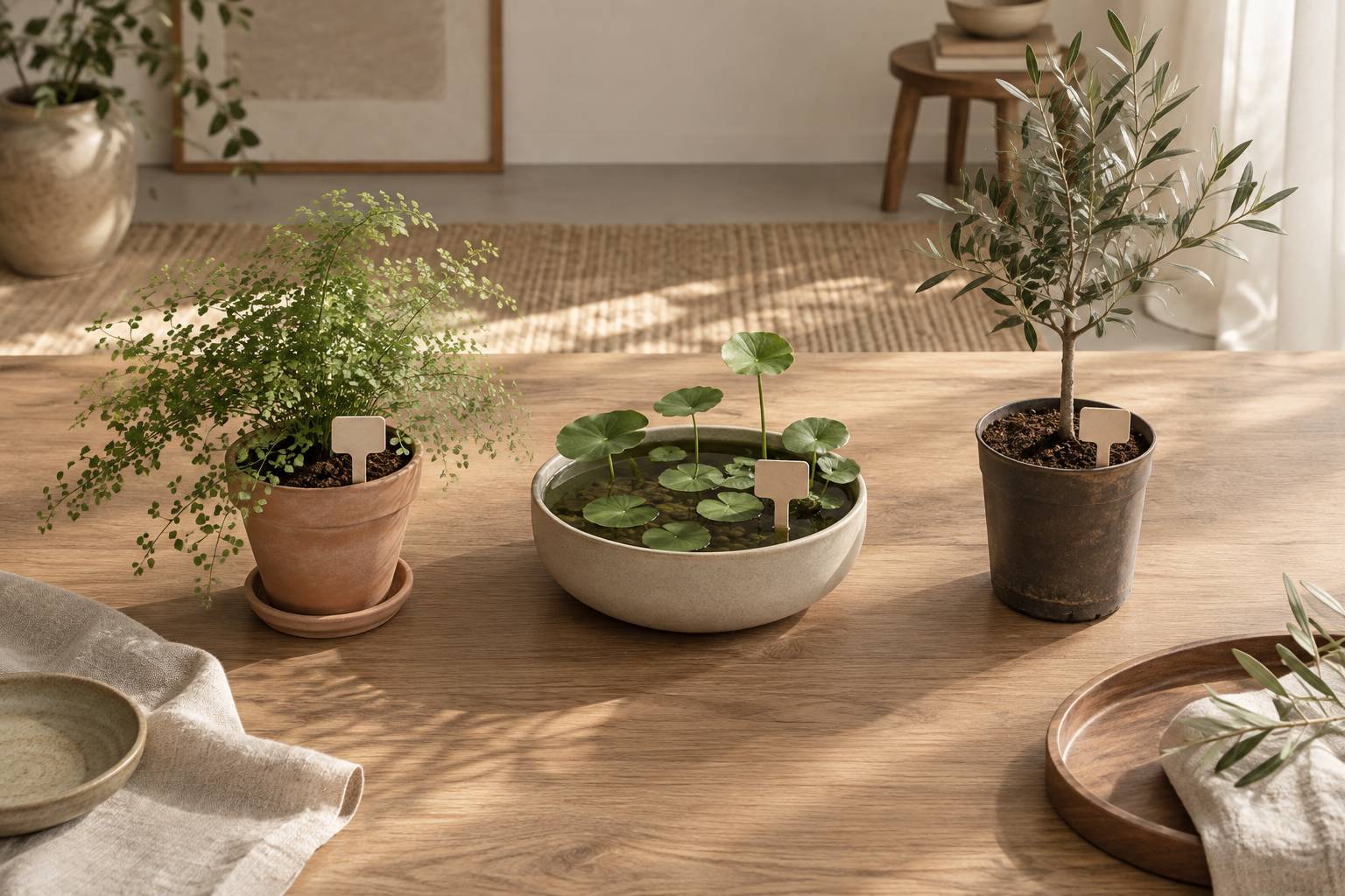 Trois pots de pepiniere alignes sur une table avec etiquettes vierges