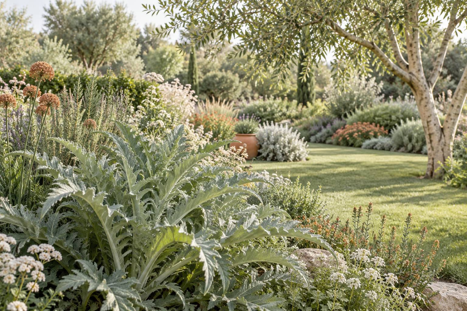 Jardin printanier avec massif de plantes vivaces et grand arbre
