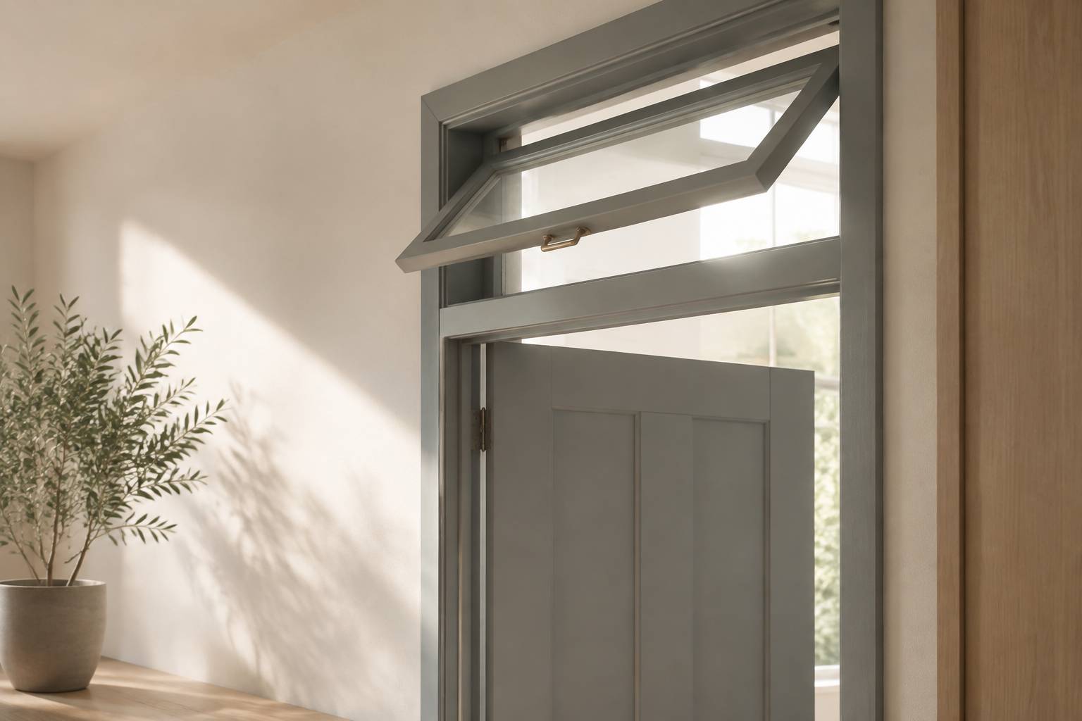 Imposte ouvrante entrebâillée au-dessus d'une porte intérieure avec lumière traversante et plante