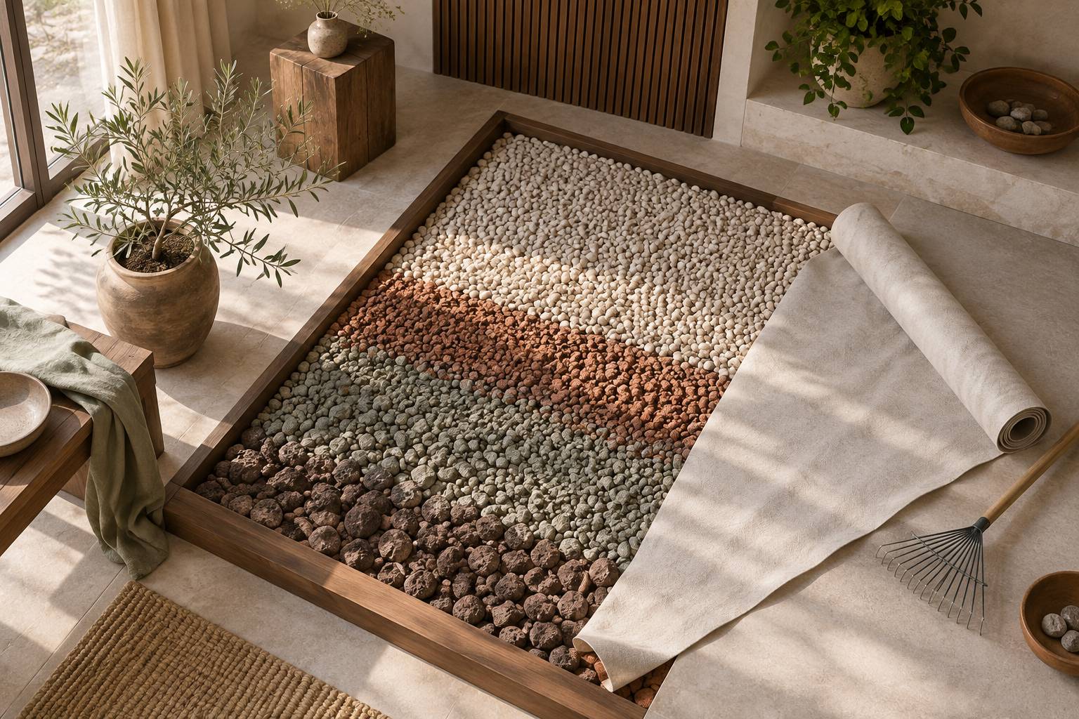 Couches de gravier et toile geotextile lors d'un amenagement