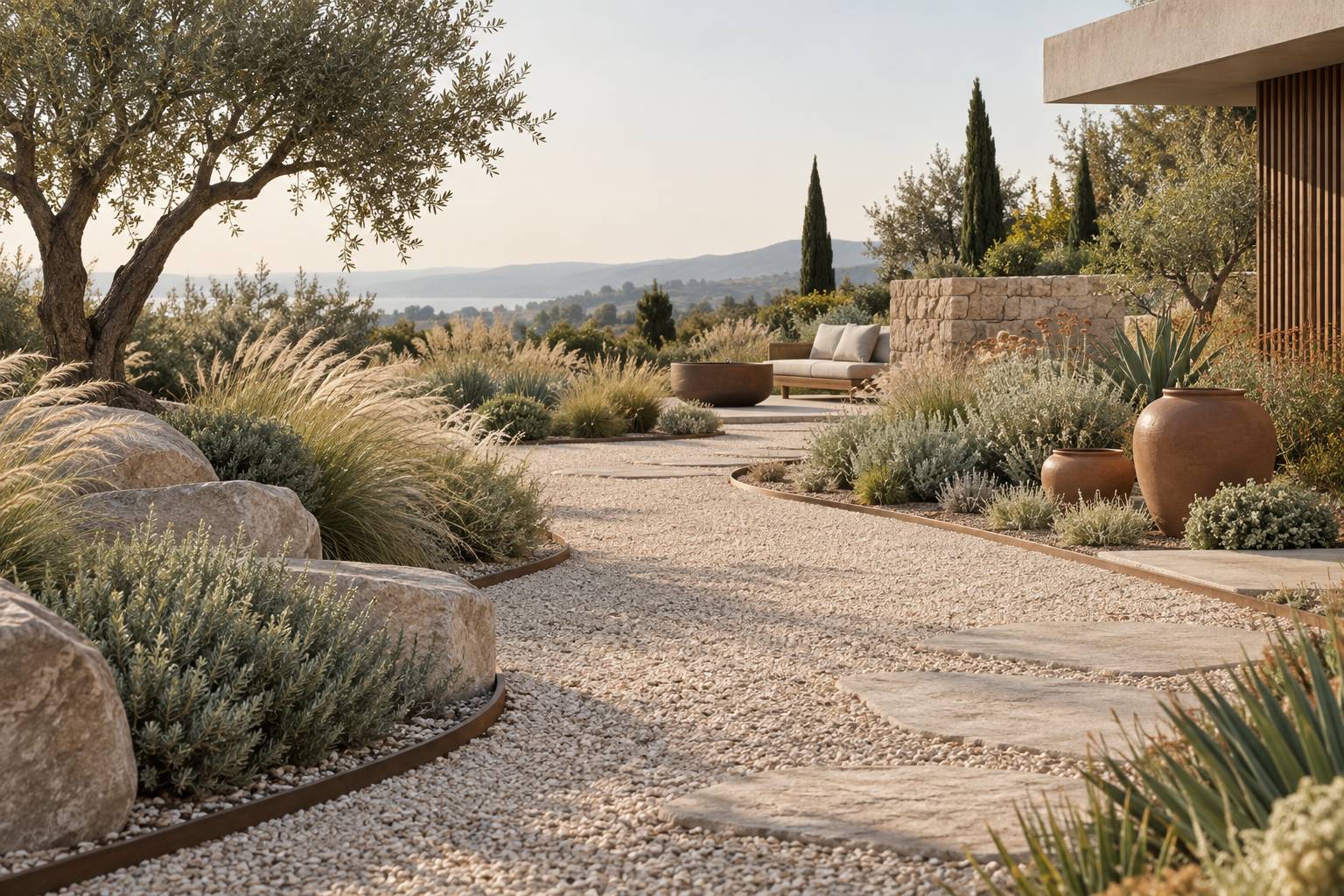 Jardin mineral avec allee de gravier et massifs de graminees