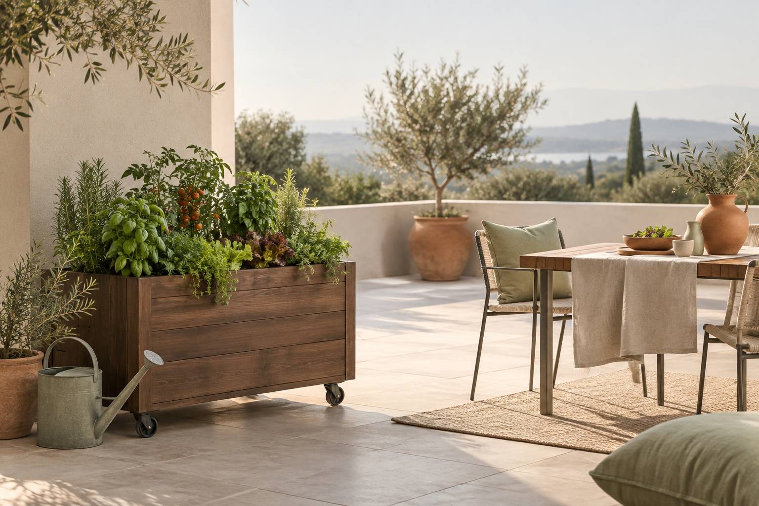 Bac sur roulettes de plants comestibles sur une terrasse