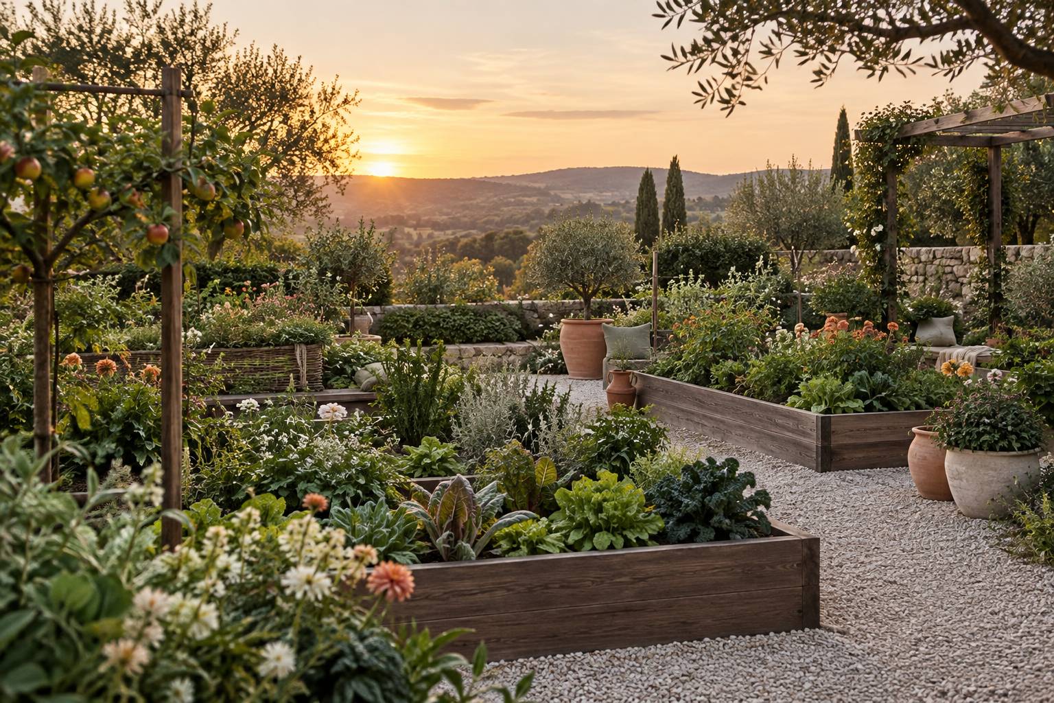 Jardin potager decoratif avec herbes aromatiques et bacs de legumes