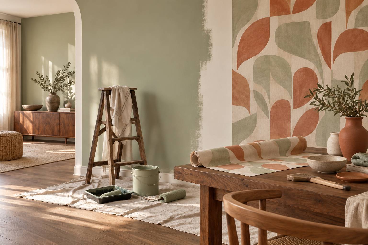Mur en cours de décoration avec pot de peinture et rouleau de papier peint
