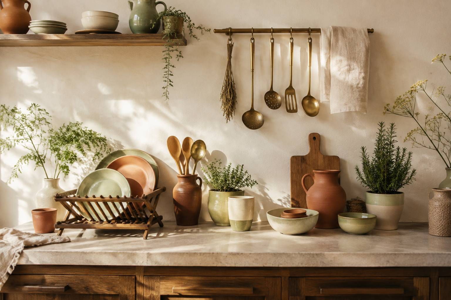 Plan de travail en pierre avec céramiques artisanales terracotta et ustensiles en laiton