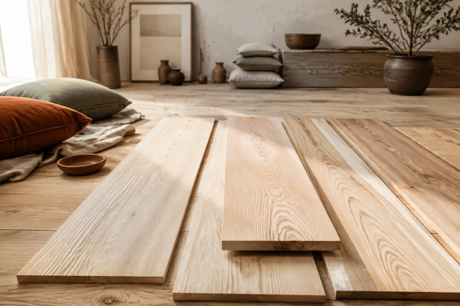 Planches de bois blond aux veinures différentes comparées sous une lumière latérale