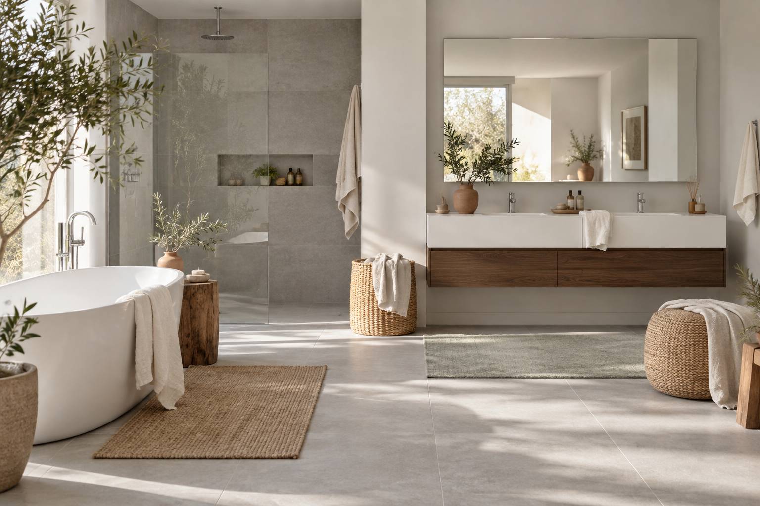 Salle de bains contemporaine aux murs gris clair et blanc avec meuble vasque