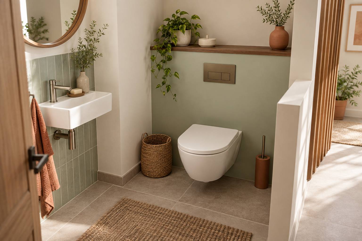 Coin toilettes compact avec lave-mains et tablette de bati-support dans une salle de bains claire