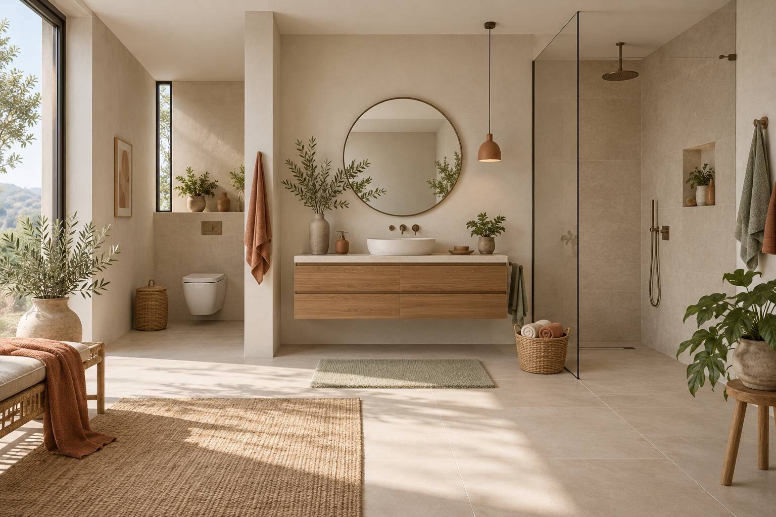 Salle de bains contemporaine avec cloison separant les toilettes de la vasque et de la douche